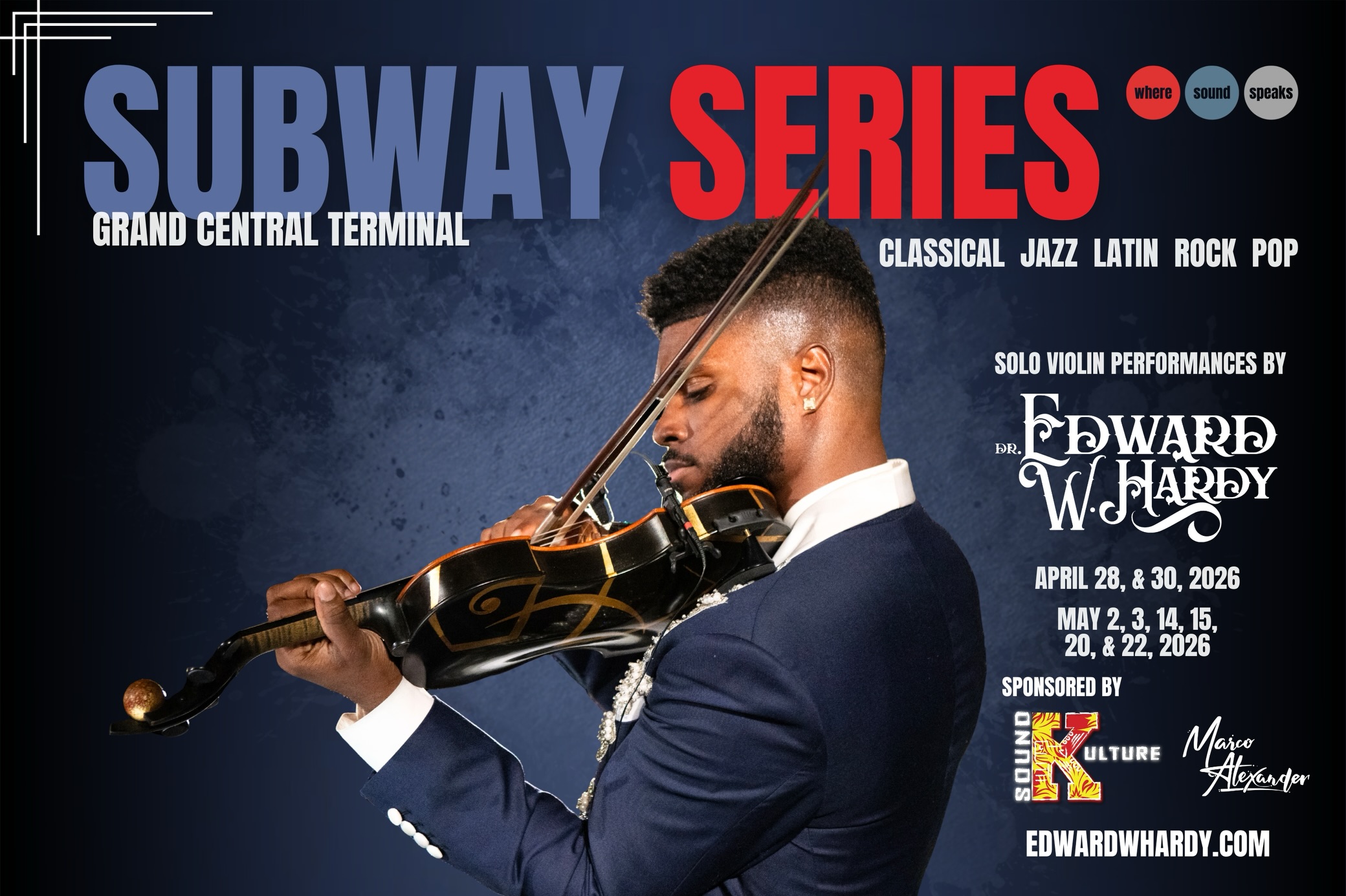 48th “Subway Series” performance this morning!🎻🇺🇸
Today will be my final “Subway Series” performance of the month before taking a two-ish week break to focus on a few exciting projects that I can’t wait to share with you all soon!😄
See you today, Friday, May 22, 2026, from 8AM–12PM at @grandcentralnyc!
Here’s a recap of every “Subway Series” date since the beginning of this year. This performance is presented as part of the MTA Music program and proudly sponsored by @soundkulture and @marcoalexanderofficial!
This Year’s Recap:
• 47 free public performances
• 1.1M+ viewed collab video with @robinchanning
• 26 TV airings of my interview with @backstagepasswithliachang (originally featured on YouTube), broadcast on @mnnnyc, Verizon Fios Ch. 34, @bricbrooklyn RCN Ch. 83, and Spectrum Ch. 56/1996
• 1 sponsorship
• 5 concert posters
• 3 interviews
• Countless “Subway Series” performance videos
• Professional photos by incredible photographers
• Moments shared with fans and friends who stopped by
• Numerous solo violin performance opportunities across the U.S.
Experience the “Subway Series”: public solo violin performances by Dr. Edward W. Hardy at @grandcentralnyc, presented as part of the MTA Music program. Blending classical, jazz, Latin, rock, and contemporary music, each performance brings concert-level artistry into a public space, creating an environment where the boundaries between performer and listener are intentionally dissolved.
Where Sound Speaks. #violinperformance #grandcentralterminal #livemusic #freeconcert #subwayseries