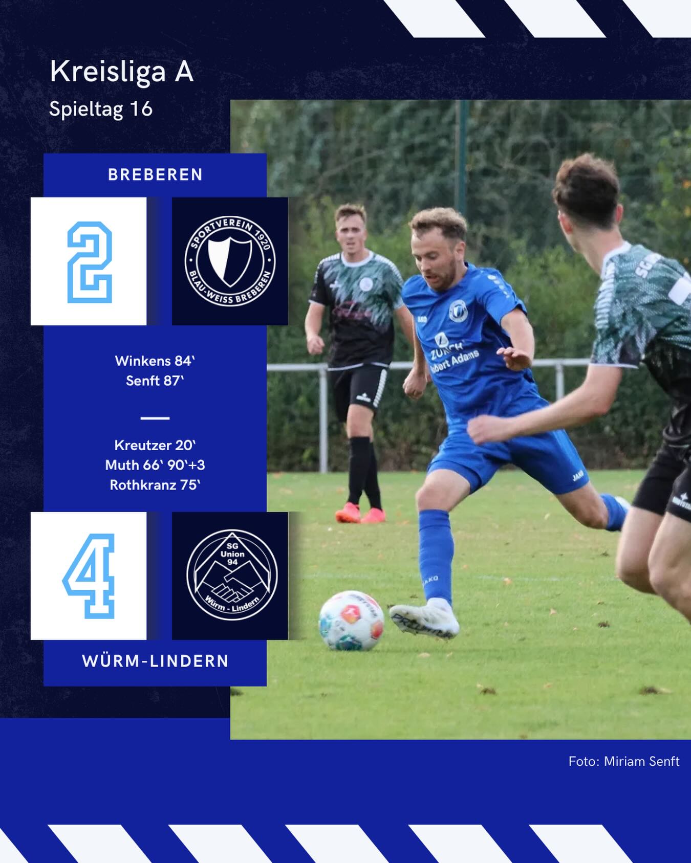 🔵⚪️ Späte Aufholjagd bleibt unbelohnt ⚪️🔵
Im Nachholspiel gegen @sgunion94 Würm-Lindern musste sich der SV Breberen trotz starker Moral am Ende mit 2:4 geschlagen geben.
Die Gäste erwischten den besseren Start und gingen nach 20 Minuten durch Kreutzer in Führung. Breberen tat sich gegen die kompakte Defensive schwer, kam aber immer wieder über Standards und lange Bälle gefährlich vors Tor. Dennoch blieb es zur Pause beim 0:1.
Nach dem Seitenwechsel erhöhte Würm-Lindern zunächst eiskalt: Muth traf nach 66 Minuten zum 0:2, Rothkranz legte wenig später das 0:3 nach. Unsere Blauweißen gaben jedoch nicht auf und sorgten in der Schlussphase nochmal für ordentlich Spannung auf heimischen Rasen.
Maurice Winkens köpfte nach Flanke von Luis Seferens das 1:3 (84.), ehe Felix Senft nur drei Minuten später auf 2:3 verkürzte. Breberen war plötzlich wieder voll da und drückte auf den Ausgleich. In der Nachspielzeit sorgte allerdings Maurice Muth mit seinem zweiten Treffer des Tages für die Entscheidung zum 2:4-Endstand. Überschattet wurde die Schlussphase zusätzlich von der Roten Karte gegen Marius Wienen.
Trotz der Niederlage zeigte der SVB vor allem in den letzten Minuten eine starke Moral und machte dem Favoriten das Leben bis zum Schluss schwer. 💙🤍
Weiter geht’s für unsere Erste am Pfingstmontag auswärts beim @bc09oberbruch_e.v.
📸: @miriamsenft