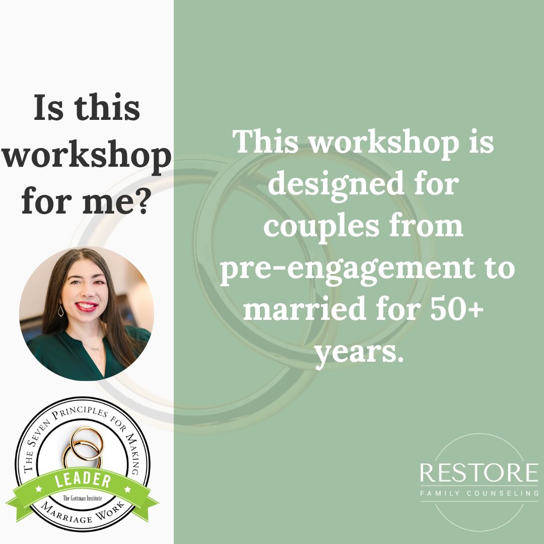 Restore Family Counseling will be hosting an exciting two-day couples workshop hosted by Kacy Combest, LPC. The Seven Principles for Making Marriage Work Workshop is designed for couples at any stage, whether you’re in pre-engagement or married for over 50 years!
The virtual workshop includes lectures, demonstrations, videos and private couples exercises. The activities are fun, insightful and informative. And there is no need to worry about sharing your personal problems in front of others… we don’t do any group sharing at this workshop.
Workshop Details
When: July 18th-19th
Time: 1PM-5PM CST
Price: $299 per couple
For registration and more information, please call 903-415-5757 or email staff@restorecounselingtyler.com