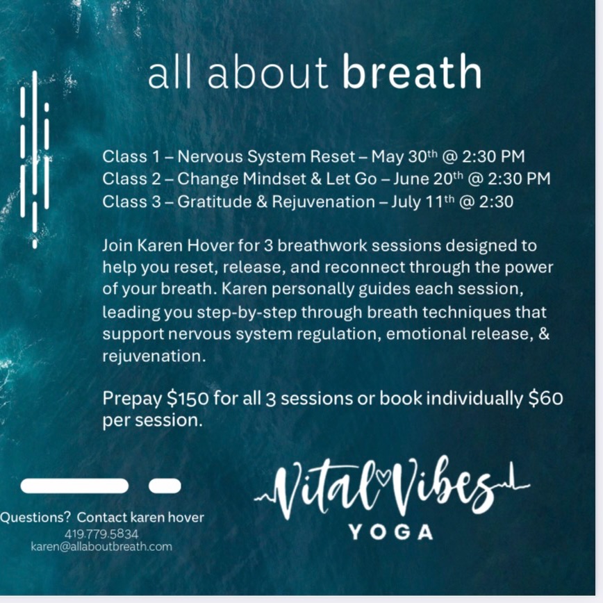 Your breath holds more power than you think 🌊
Join Karen Hover for a 3-part breathwork series designed to help you reset your nervous system, release emotional tension, shift mindset, and reconnect to yourself through intentional breathing practices.
Each session offers guided techniques to support regulation, clarity, restoration, and deep inner calm.
✨ Class 1: Nervous System Reset
✨ Class 2: Change Mindset & Let Go
✨ Class 3: Gratitude & Rejuvenation
Attend individually or commit to the full journey for a deeper transformation.
Sometimes healing begins with something as simple - and profound - as a breath.
#breathwork #nervoussystemregulation #healingthroughbreath #mentalhealthawareness #breathworkhealing