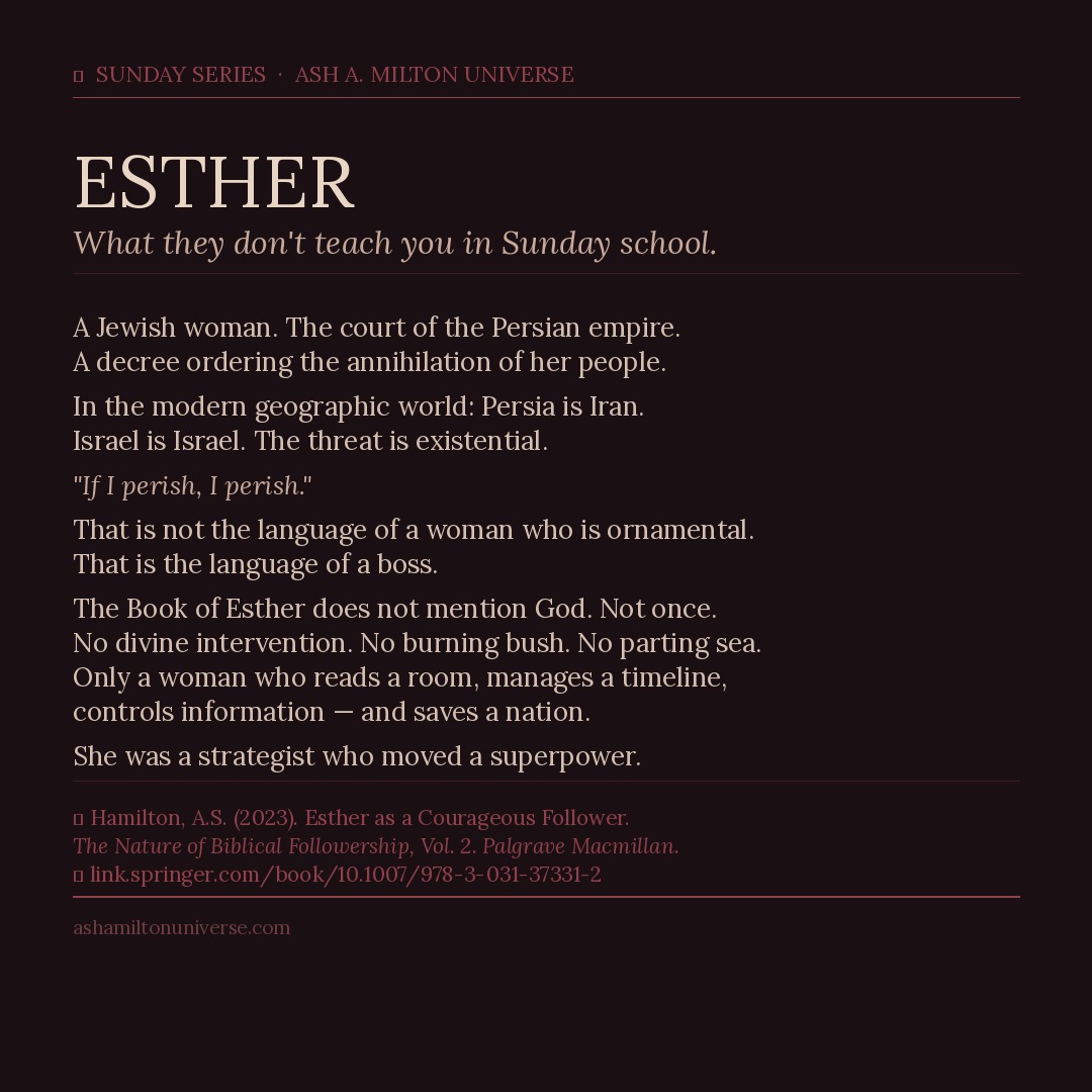 What they don't teach in Sunday school. She has been taught to us as a symbol of feminine compliance elevated by a king's favor.
She was, in fact, a strategist who used every tool at her disposal to move a superpower.
When we flatten her story into a parable about beauty and obedience, we don't just misread Esther. We teach women that their value is ornamental and their agency is incidental. The text does not support that reading. The scholarship does not support that reading.
A Jewish woman in the Persian court saved her people not because she was beautiful — but because she was brilliant, strategic, and willing to risk everything at exactly the right moment.