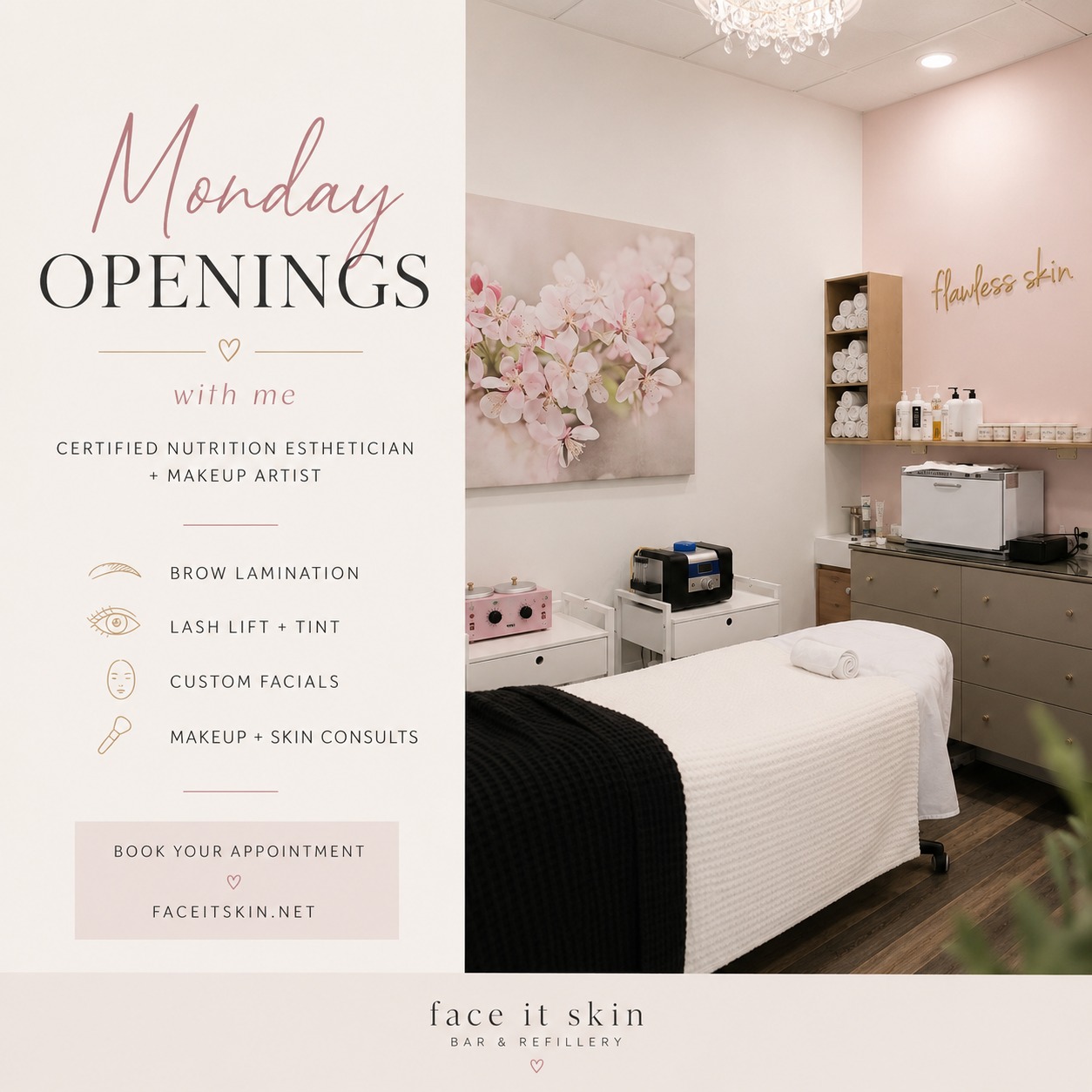 **MONDAY OPENINGS**
With Genelle at Face It Skin Bar & Refillery.
If your brows, lashes, or skin need a reset, I have space for:
* Brow lamination
* Lash lift + tint
* Custom facials (Microderm, Microneedling, Peels, Hydro+ Treatment & more)
* Skin consultations
* Makeup guidance
I’m a Certified Nutrition Esthetician and Makeup Artist, so every service is customized to your skin, features, and lifestyle.
Book online or message me to grab a spot. 503-809-3005
**FaceItSkin.net**
#FaceItSkin #Facial #OregonEsthetician #happyvalleyoregon #memorialday