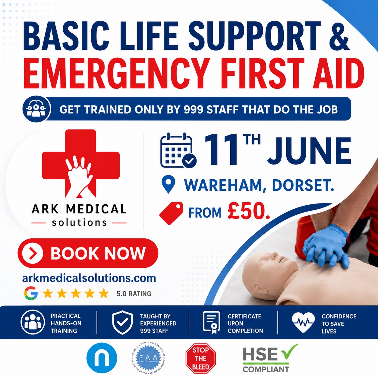🚑 BASIC LIFE SUPPORT & EMERGENCY FIRST AID
📍 Wareham, Dorset
📅 11th June
💷 From just £50
Train with people who actually do the job — experienced 999 emergency service staff.
At Ark Medical Solutions, we believe first aid should be taught by professionals with current frontline experience, not by someone who used to do the job… or never has. Our courses are practical, engaging, and built around real-world emergencies to give you the confidence to act when it matters most.
✅ Up to date and best practice training
✅ Taught by serving 999 instructors
✅ Certificated National Qualification
✅ Learn life-saving skills that could save a family member, friend or colleague.
For group or corporate bookings, please contact us for a time, date and location to suit.
Spaces are limited — book now at:
🌐 arkmedicalsolutions.com