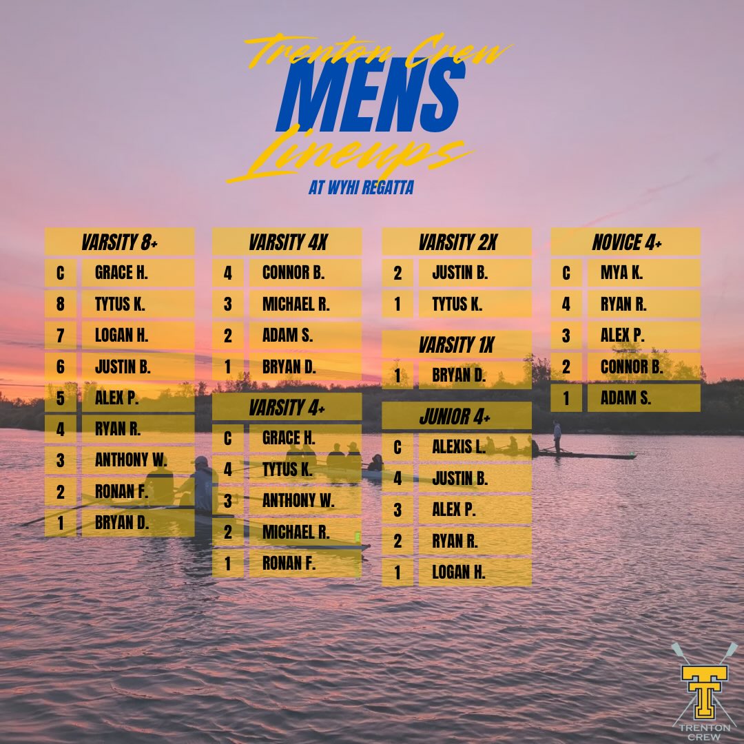 Here’s the lineups for the last regatta of the season with the full team. 🚣♂️ Racing for WyHi begins at 8am @ WBC. Go Trojans!
#rowing #trentoncrew