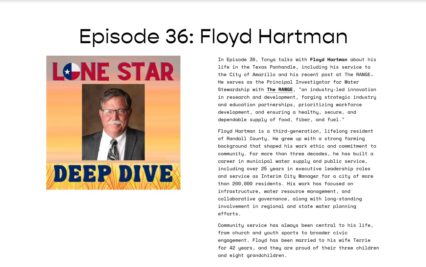 Our own Floyd Hartman recently joined Tonya Kleuskens on the Lone Star Deep Dive podcast to talk all things water. 🎙️ 🎙️ We're fortunate to have Floyd on our team and appreciate the work he is doing to help the Panhandle better understand water, water usage, and how we can use this critical resource more efficiently. Visit the link in our bio to give it a listen! #TheRANGE #PanhandleWater #PanhandleAg
