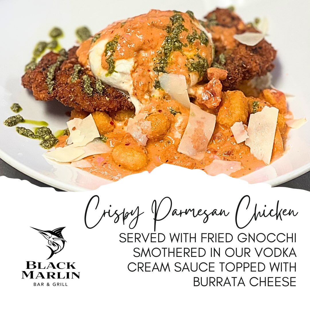 Golden, crispy parmesan chicken over fried gnocchi, drenched in our creamy vodka sauce and topped with burrata 🤌✨
This week’s special is comfort food done the Black Marlin way. Come grab it while it lasts!
#BlackMarlin #WeeklySpecial #ParmesanChicken #GnocchiLovers #FoodieFinds