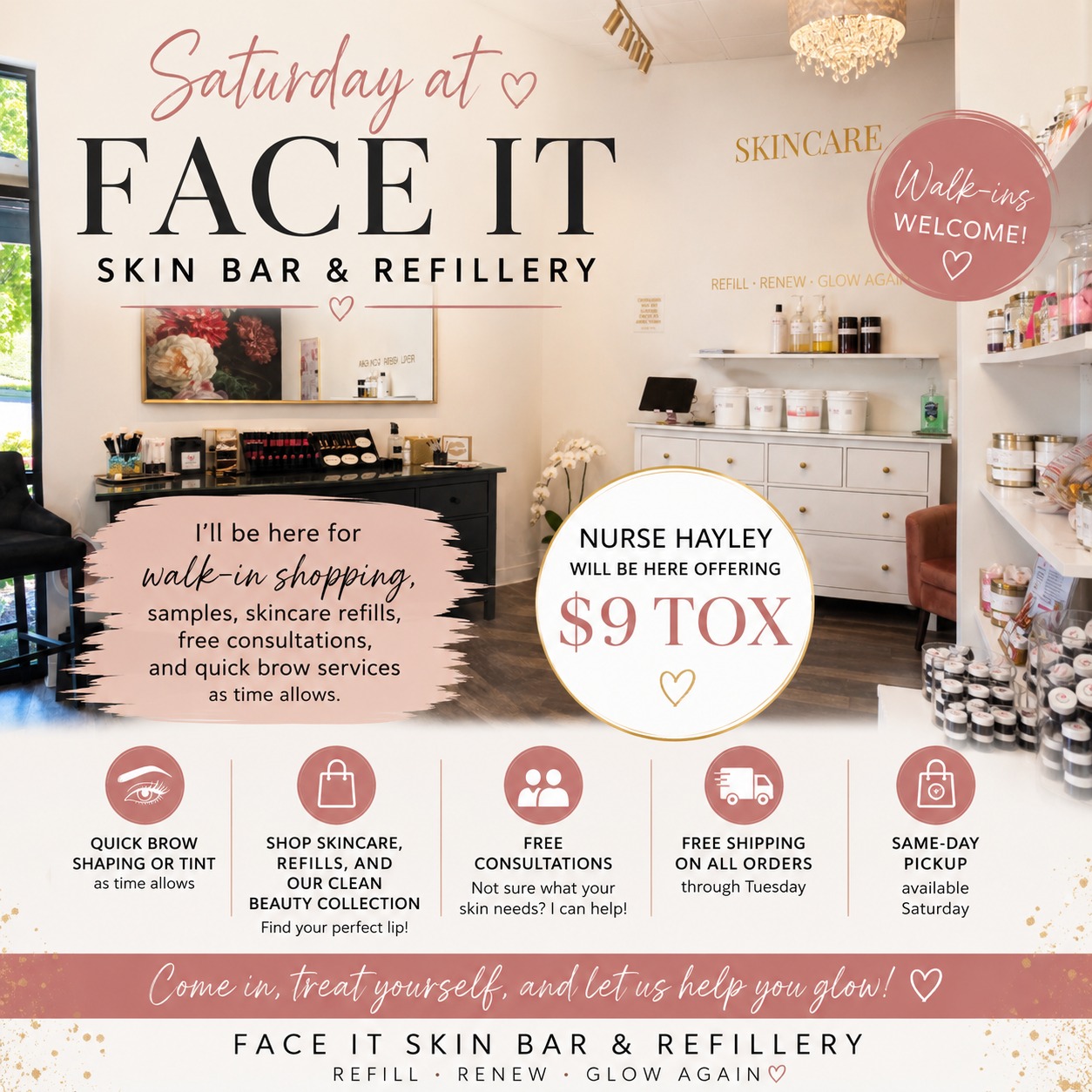 Saturday at Face It Skin Bar & Refillery
I’ll be here for walk-in shopping, samples, skincare refills, free consultations, and quick brow services and makeup as time allows.
You can shop skincare, refill your favorites, find your perfect lip, or get help choosing what your skin actually needs.
Nurse Hayley will also be here offering $9 Tox.
Free shipping is available on online orders through Tuesday, and same-day pickup is available Saturday, 11:00 - 4:00!
Message us with questions or stop in.
14679 SE Sunnyside Rd Suite E, Happy Valley
~ Genelle & Hayley
#FaceItSkin #lipstick #makeover #Botox #happyvalleyoregon