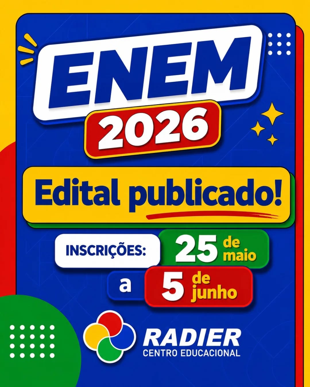 🎉 O edital do Enem 2026 está ON!
🗓️ Já marque no calendário: as inscrições começam em 25 de maio e vão até 5 de junho.
📄 Leia o edital completo em: gov.br/inep