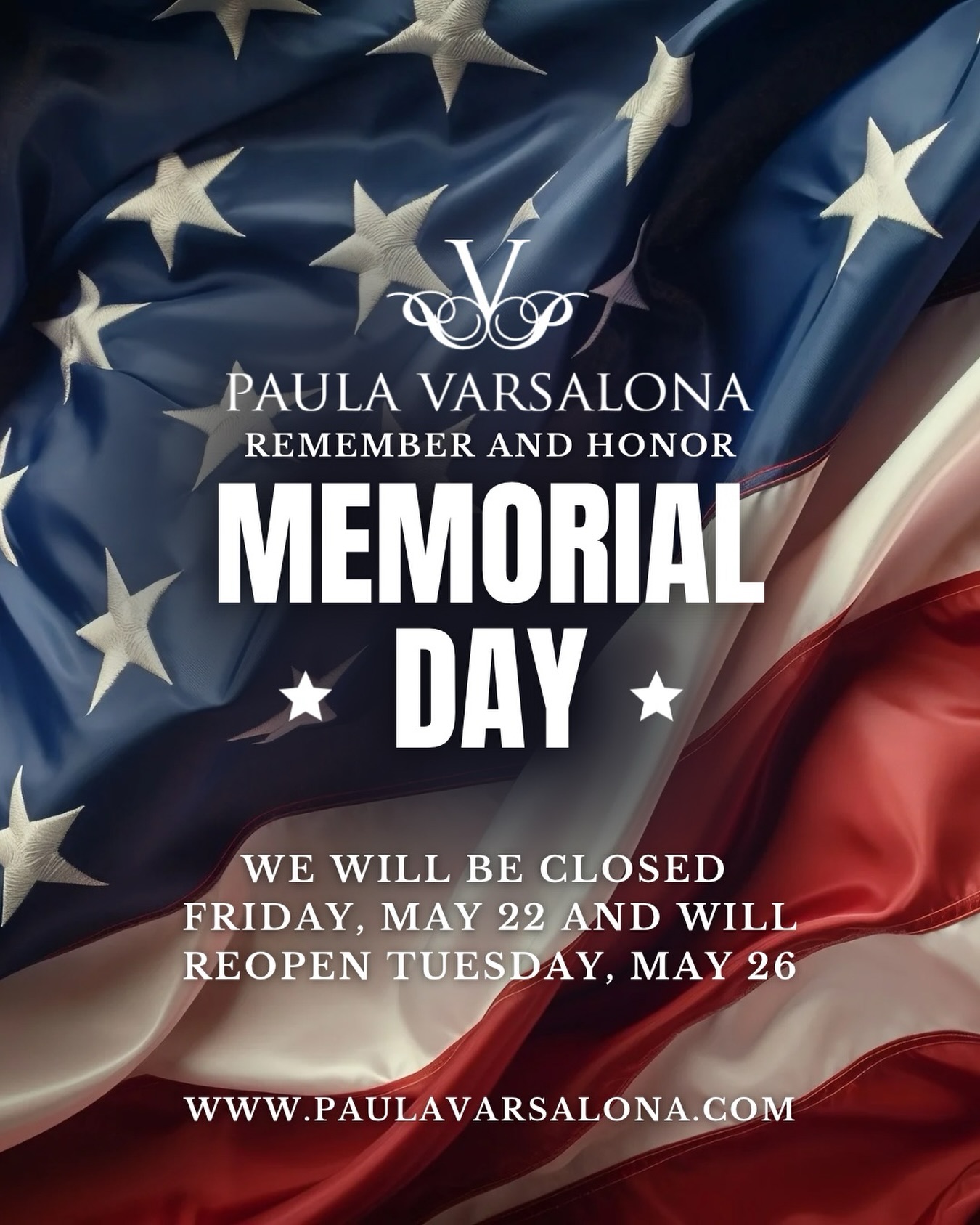 This Memorial Day weekend, we pause to remember and honor the brave men and women who made the ultimate sacrifice for our freedom. 🇺🇸
In observance of the holiday, the Paula Varsalona NYC showroom will be closed beginning Friday, May 22, and will reopen Tuesday, May 26.
We wish you a meaningful and safe Memorial Day weekend as we remember those who served.