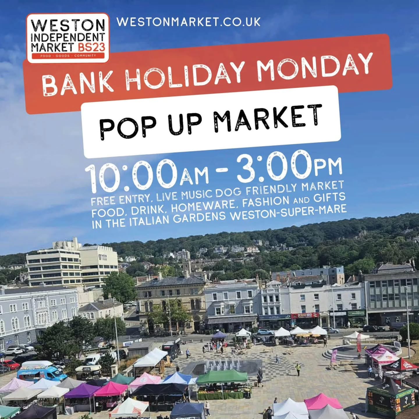 ☀️ WESTON INDEPENDENT MARKET - BANK HOLIDAY MONDAY POP UP ☀️
📍 Italian Gardens, Weston-super-Mare
📅 Monday 25th May
🕙 From 10am to 3pm
Join us for a vibrant Bank Holiday Monday market packed with amazing independent traders, delicious street food, drinks, gifts, crafts and shopping
🎸 Live music throughout the day from Weston favourites Ben & Seb 🎶
This week’s fantastic line-up includes:
🛍️ Sharl’s Crafts
🛍️ Crafty Comforts
🛍️ Handmade with Rage
🛍️ PopitonU clothing and Justin's Vintage Clothing
🍺 Fat Head Brewery
👻 Eerie Emporium UK
🥘 Paella Ca'Luciano
🪴 Yourhouseplants
💎 Rambo Rocks
🦖 JD3DP
🧀 Pine Nut Path – Cured Meats & Cheese
🫒 Greek Olives – Olives, Nuts, Baklava & Tapas
💍 Divine Gems
👕 HTG Clothing & Textiles
🍏 Loaders Cider
👔 It’s a Man’s World 2016
🌮 Nicky’s Street Food Hub
🍛 Taste of Punjab Street Food
🍦 Steve’s Ice’s - Mr Whippy
🌿 Something Different Garden Ornaments
☕ Silver Fox Mobile Coffee
🔥 Passion and Smoke
🍸 Rock Gin Cornwall
🕯️ Dahlia Wax Candles
🎸 The Mosh Pit SW
🧘 Blissful Wellness Treats
✨ Somerset Silver
👗 Debussie Boutique
🦕 Warren Blest 3D Dinosaurs
🪵 Wooden Things by Paul Robins
🍊 Marmalade, Maltons selling lemonade and milkshakes and Mainline Gin
☀️ Sunshine forecast
🏖️ Combine your visit with a walk on the beach, a trip to the The Grand Pier or a visit to Clevedon Marine Lake
Come and support your local independent traders and enjoy a fantastic Bank Holiday atmosphere in the town centre ❤️
#WestonIndependentMarket #YourTownYourMarket #FoodGoodsCommunity #WestonSuperMare #BankHolidayMarket
North Somerset Council North Somerset Times Weston, Worle & Somerset Mercury Weston BID Weston-super-Mare Spotted Weston Seafront Weston-super-Mare Live Weston-super-Mare Town Council Weston Independent News