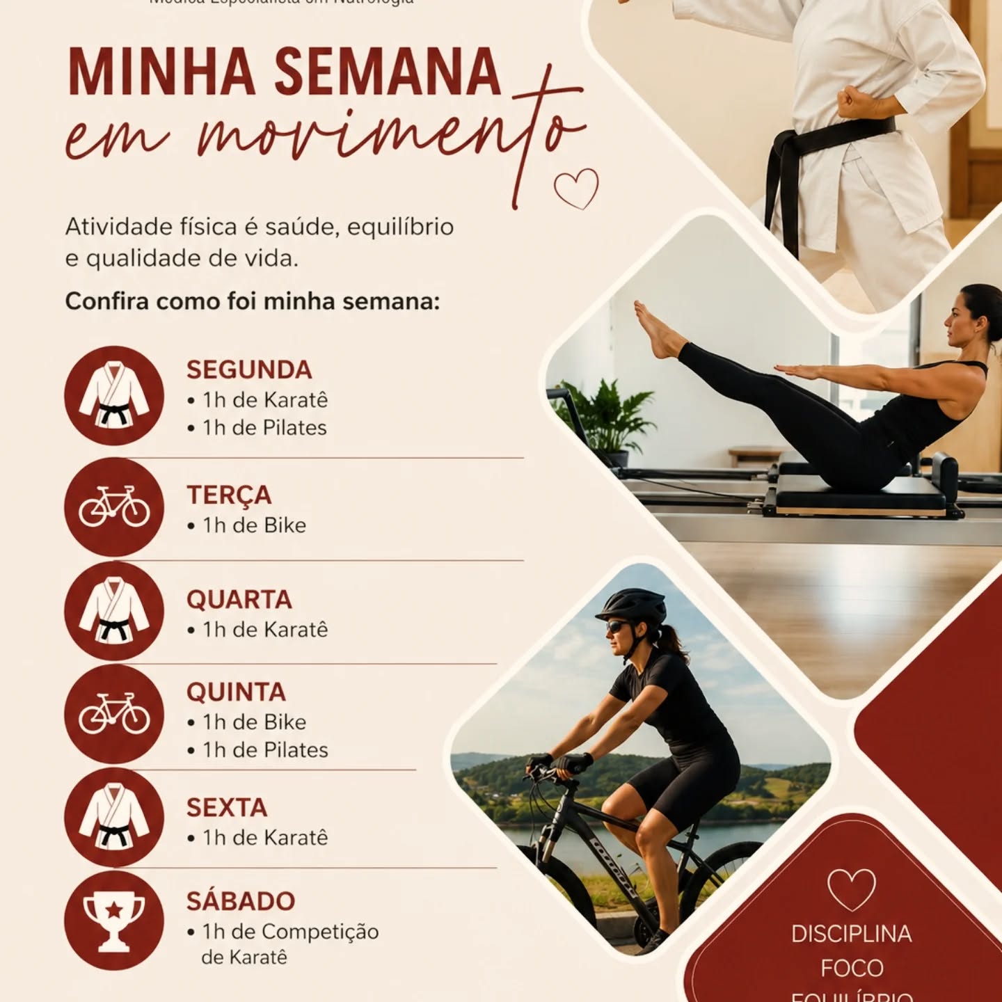 Movimento também é autocuidado.
Mesmo em meio à rotina intensa da medicina, pesquisa, projetos e gravações, manter o corpo em movimento continua sendo uma das minhas prioridades.
Minha semana de atividade física foi assim:
🥋 Segunda-feira
• 1h de Karatê
• 1h de Pilates
🚴♀️ Terça-feira
• 1h de Bike
🥋 Quarta-feira
• 1h de Karatê
🚴♀️ Quinta-feira
• 1h de Bike
• 1h de Pilates
🥋 Sexta-feira
• 1h de Karatê
🏆 Sábado
• 1h de Competição de Karatê - 1 vitória e 2 derrotas
A atividade física vai muito além da estética.
Ela melhora força, equilíbrio, saúde cardiovascular, cognição, saúde mental e qualidade de vida.
E, para mim, o karatê tem um significado ainda maior: disciplina, foco, superação e equilíbrio emocional.
Cuidar da saúde também é construir constância — mesmo nos dias corridos. ❤️
#Karatê #Karate #Pilates #Bike #AtividadeFísica Longevidade Saúde QualidadeDeVida MedicinaDoEstiloDeVida Nutrologia MulheresNoEsporte SaúdeDaMulher EnvelhecimentoSaudável Disciplina DraAndreaNutrologia