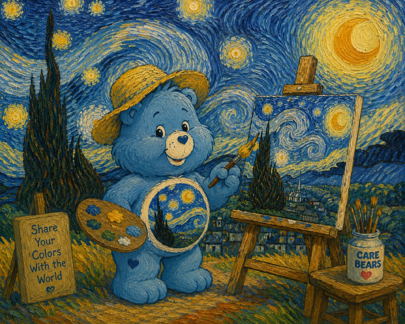 💎 Dreaming in swirls of colour and nostalgia ✨
I imagined the Care Bears like they stepped straight out of a Van Gogh painting — glowing stars, expressive skies, bold brushstrokes, and all the cozy 80’s magic that made Saturday mornings unforgettable. 🌙💫🐻
There’s something timeless about mixing pop culture with fine art. The softness of the Care Bears meets the emotional movement of post-impressionism, creating a world that feels playful, dreamy, and a little surreal.
Art has a way of turning childhood memories into something completely new. This piece was inspired by the joy of 80’s cartoons, vintage animation, and the textured beauty of painted canvases.
Created by CBirdCREATIVE.com 🎨
#CareBears #VanGoghInspired #80sArt #PopSurrealism #CBirdCreative