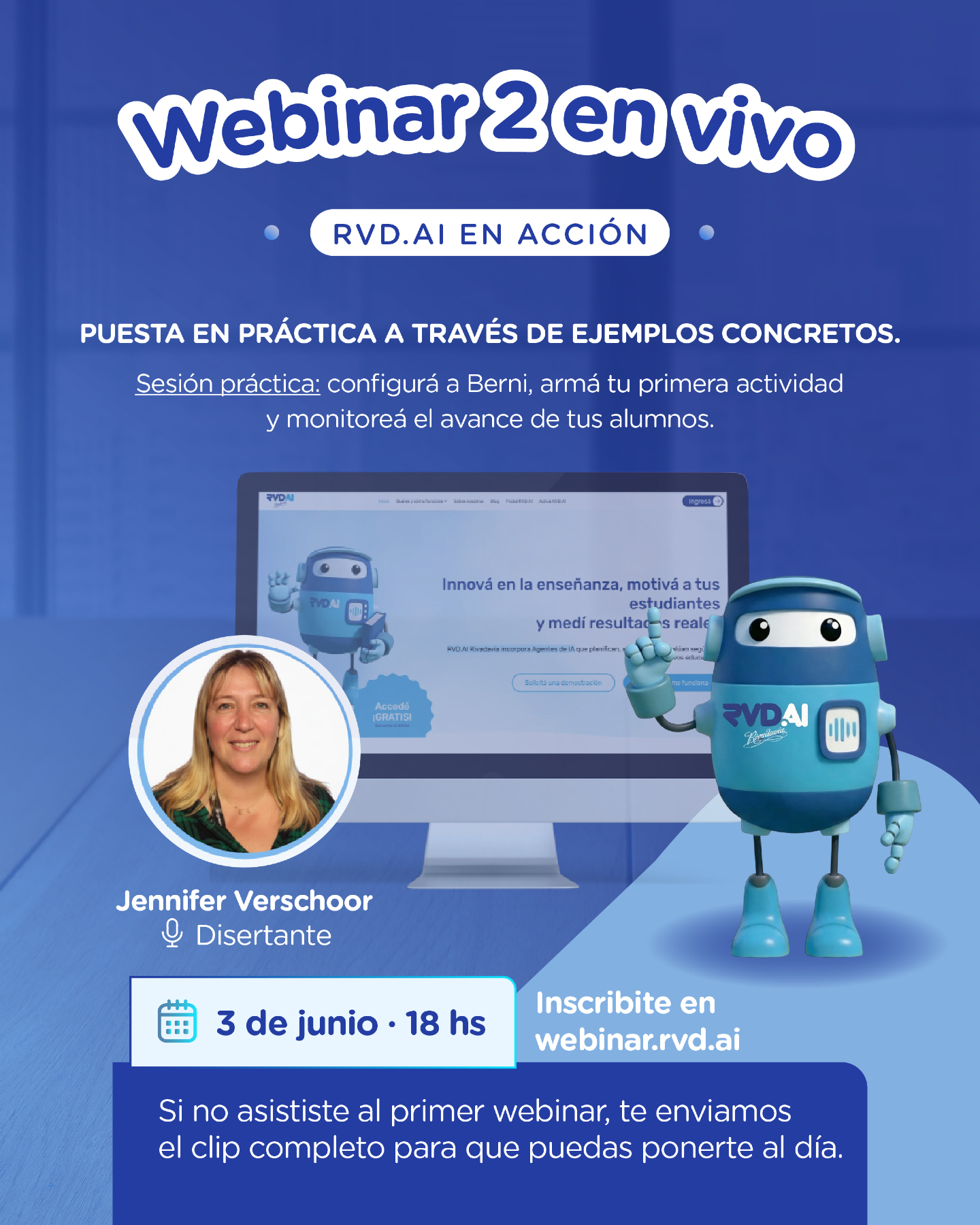 En este segundo webinar de RVD.AI vamos a pasar de la teoría a la práctica.
Docentes que ya trabajan con la plataforma van a compartir ejemplos concretos y experiencias reales de uso en el aula.
📅 03 de junio a las 18:00 hs
Si no pudiste asistir al primer webinar, no te preocupes: cuando te inscribís, te enviamos el clip completo para que puedas ponerte al día.
Inscribite en webinar.rvd.ai o hacé click en el link en bio
#RVDAI #IAEnEducacion #InnovacionEducativa #Docentes #TecnologiaEducativa #InteligenciaArtificial #TransformacionEducativa