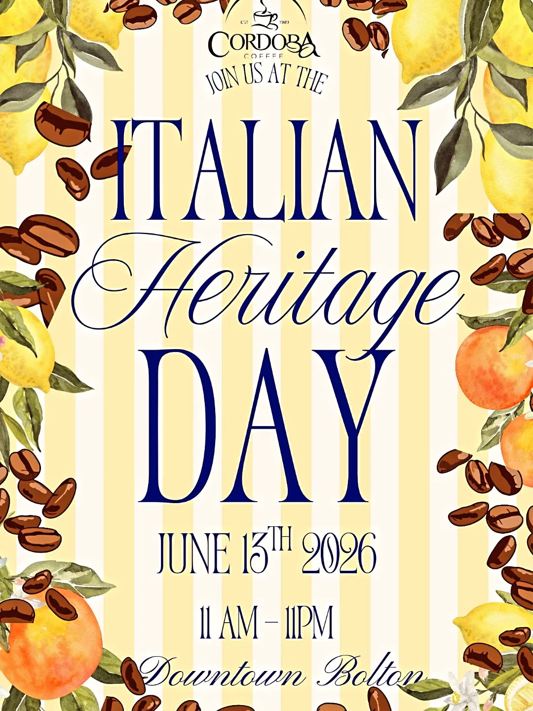 🇮🇹☕️ We are proud to announce that Cordoba Coffee will be a vendor at Italian Heritage Day in Bolton, Ontario on June 13, 2026!
Join us for a day filled with Italian culture, community, food, music, and of course — exceptional coffee. We’re excited to be part of this special celebration and look forward to serving our handcrafted coffee to everyone attending.
Come by, say hello, and celebrate with us! ❤️🤍💚
📍 Bolton, Ontario
📅 June 13, 2026
#CordobaCoffee #ItalianHeritageDay #BoltonOntario #ItalianHeritage #SupportLocal OntarioEvents SpecialtyCoffee Community Espresso CoffeeLovers