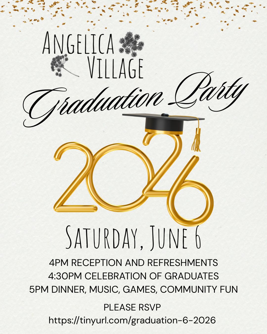 Congratulations 2026 graduates! Join us on Saturday, June 6th, to celebrate everyone graduating and continuing to new schools this year. We will have a reception, a short program, and dinner to celebrate. Please RSVP at tinyurl.com/graduation-6-2026