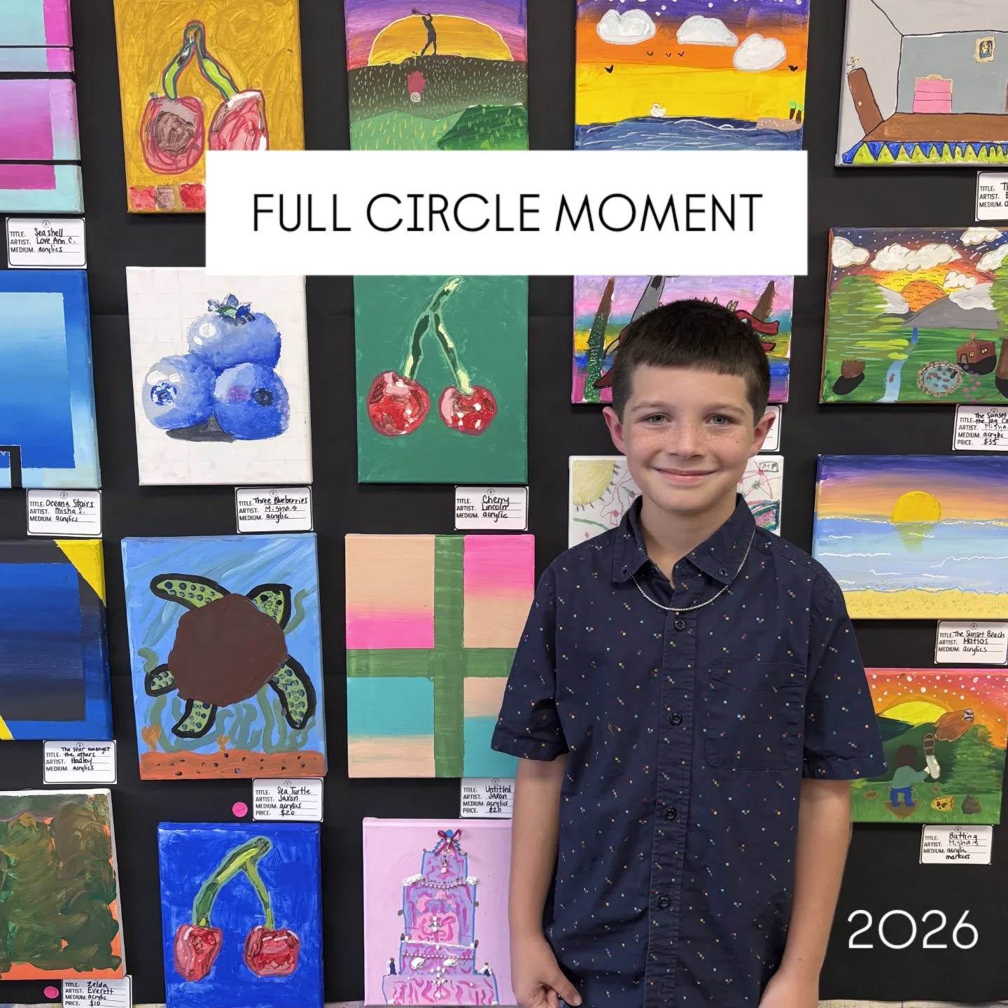 Such a special full circle moment ❤️
The first photo is Jaxon now at 9 1/2, showing his artwork in his very first student art show. The next photo is him (and my daughter) at just 2 years old back in 2018, at one of the very first art playgroups I used to host in my backyard for friends.
Jaxon was truly one of my very first students, and I’ve had the privilege of watching him grow over the years into such a talented, creative, and kind kid. He’s taken classes with me through so much of his life, and now I even get to teach his little brother too
This art show was also a first for me. I had dreamed of hosting a student exhibition for years, and yesterday I finally made it happen. So I guess you could say Jaxon and I accomplished something special together 🥹
Forever grateful to the Ball family for being there from the very beginning, through every studio space and chapter along the way. Your support has meant the world to me. ❤️ @heather_b_bakes