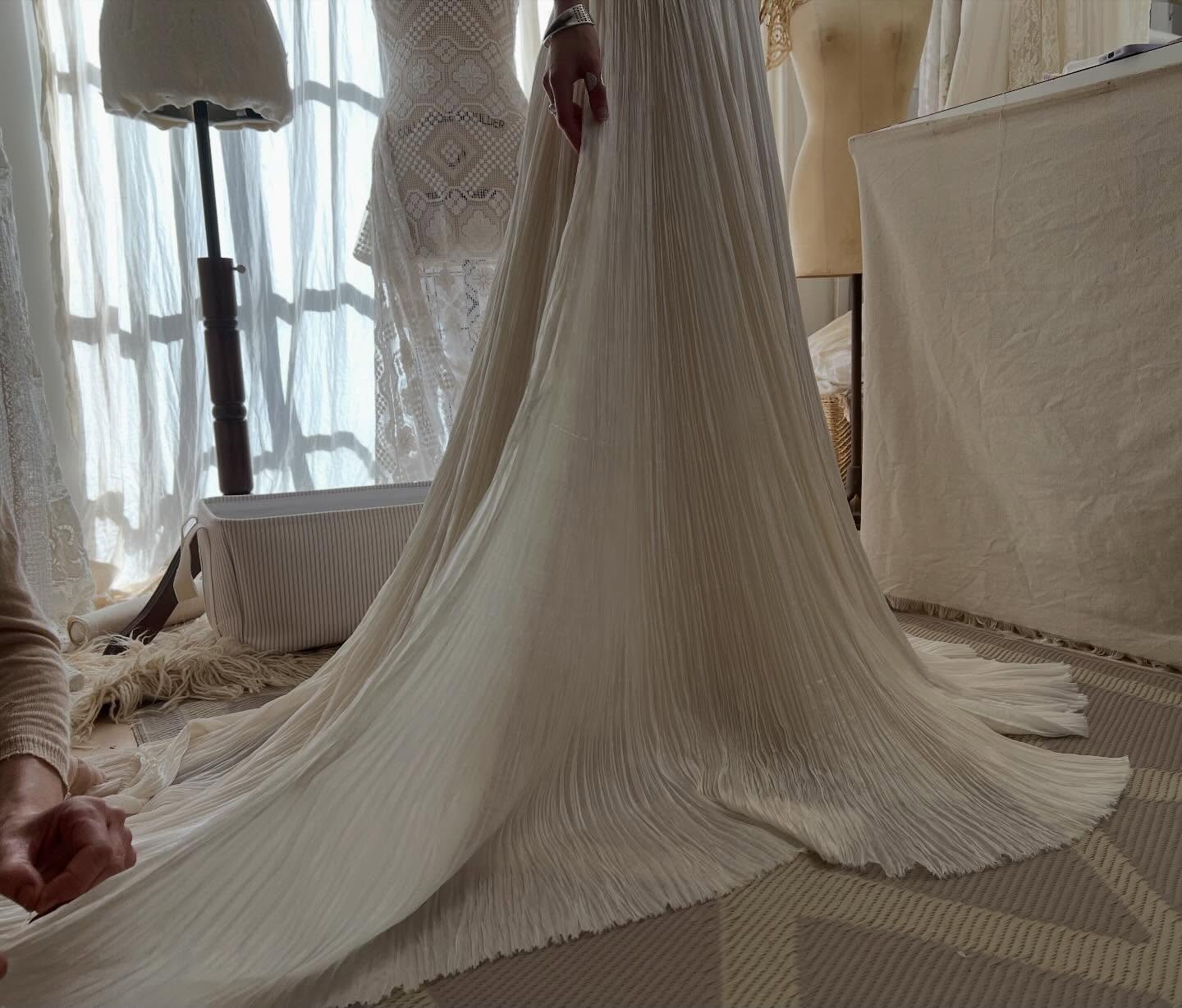 It’s been a massive few weeks in the studio finishing a custom gown and veil for an international bride - will share more pics when I can - but gosh it was a beautifully mammoth task! I wanted this piece to be a true representation of my ethos as a designer, an honest reflection my values as a human and an example of what’s possible for my business. I didn’t want to use any plastic products in the realisation of this gown - and save for the nylon teeth in the zipper and the sewing thread (both chosen for their strength and durability) I achieved this. I am proud of that and proud to share that this is possible. I used all natural fabrics - cotton interfacing, silk twill, silk satin, silk organza, silk tulle and silk paj. I made the corset components from organic wool felt, the boning channels and the bra cups and used only steel boning. So much hand sewing I fear threading needles became a Herculean feat at times!!!! But it’s doable people!!! We don’t need short cuts and plastic foam boobs… or sew in boning! I’m no expert in corsetry as I have steered clear of this in my designs in the past - from an ethos perspective I felt women fought too hard to remove the shackles of corsetry to bind us into unrealistic expectations of our bodies - however I also think it’s important to grow and evolve and not get too stuck in ideology, so when approached to create a corset for this design I felt the time was right. My bride is petite and wanted the corset not to diminish her but to define and accentuate and I realise I may have been closed to these possibilities with my previous staunchness! We all deserve the chance to feel confident and at ease and I sincerely hope my bride feels this walking down the aisle to honour her commitment to her partner. I look forward to sharing more details of this gown and creating more corsets in future designs. I sincerely hope all this doesn’t sound pious or appear arrogant but I am genuinely excited and feel it’s the responsible thing to do and I am looking forward to the evolution in my work! Xxx