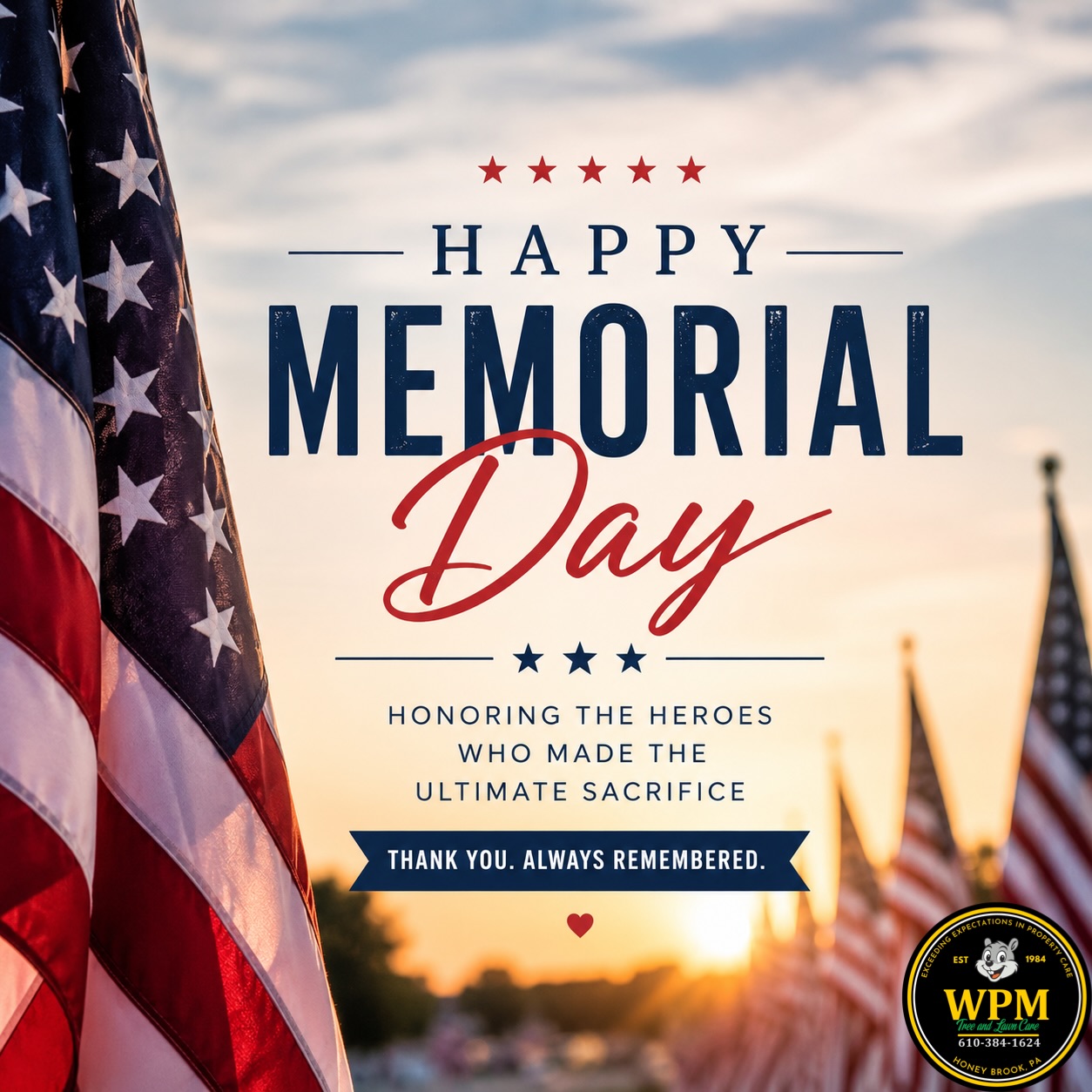 Honoring the brave men and women who gave everything for our freedom. 🇺🇸
Today we remember the heroes who made the ultimate sacrifice and thank those who served our country with courage and pride.
From all of us at Wills Property Maintenance, we wish everyone a safe and meaningful Memorial Day. #willspropertymaintenance #wpm #memorialday #freedom