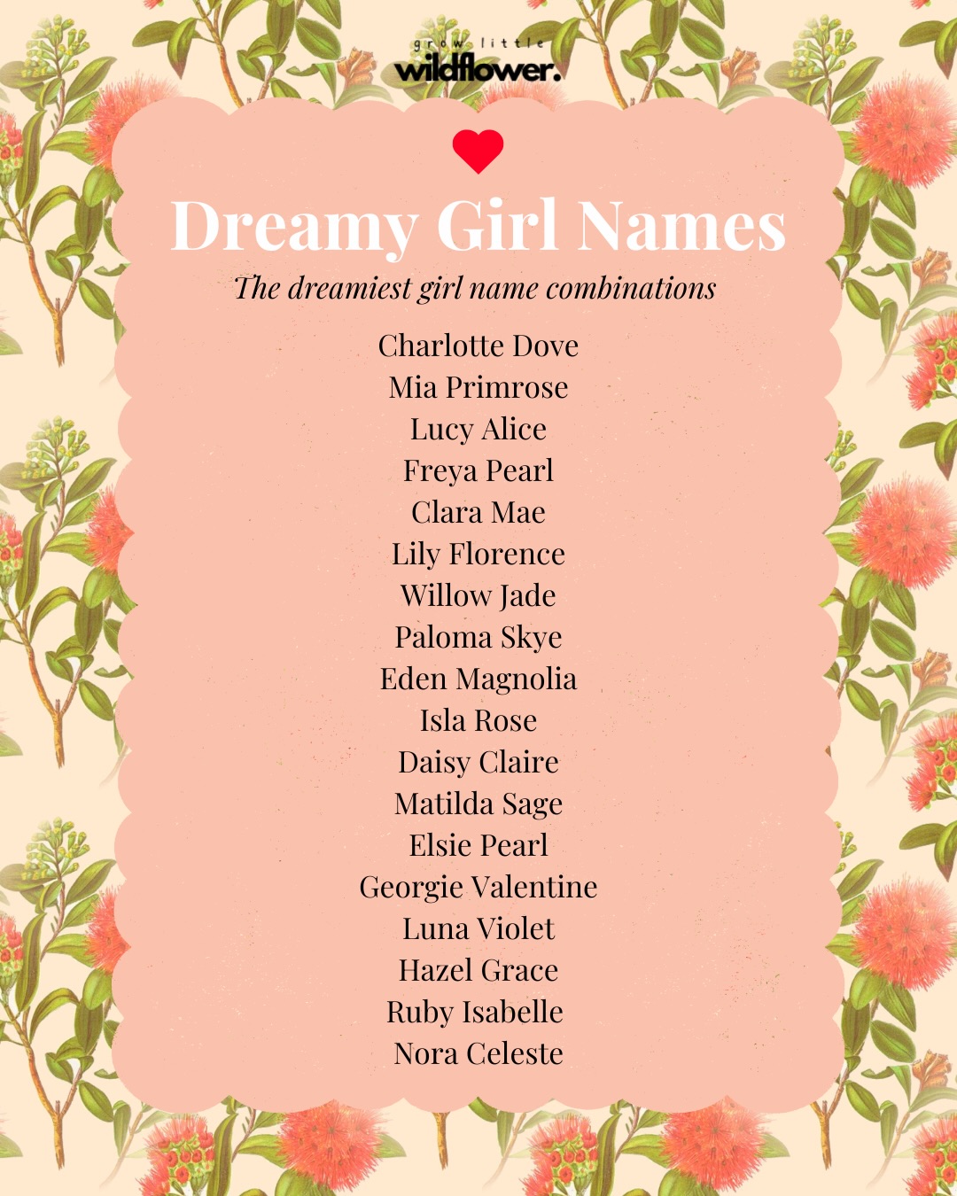 A dreamy little collection of girl names to fall in love with 💫🥹🩷
>>> swipe for more sweet names!
Hey mama 👋 I hope this collection inspires you! Maybe there’s a combination here that feels exactly right…or perhaps you’ll mix and match firsts and middles to create a name that feels completely your own 🥹
I didn’t go too far outside the box with this collection… I leant into the names we already know and adore. The timeless ones, the soft ones, the names that feel familiar in the very best way 😭🫶✨
Sometimes the name that feels like home is the one that’s been quietly sitting in your heart all along.
Save this one to come back to again and again x
#growlittlewildflower