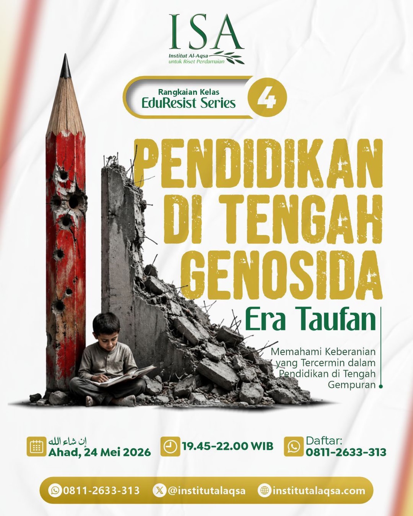 Di tengah reruntuhan, mereka tetap membaca.
Di tengah genosida, mereka tetap mendidik generasi.
Bagaimana Gaza mempertahankan pendidikan, tarbiyah, dan semangat perjuangan di tengah perang yang tak pernah benar-benar berhenti?
Rangkaian Kelas EduResist Series 4
"Pendidikan di Tengah Gen0sida: Era Taufan”
Memahami bagaimana pendidikan menjadi fondasi lahirnya generasi tangguh di Gaza.
🗓 Ahad, 24 Mei 2026
⏰ 19.45–22.00 WIB
“Yang sedang diuji di Gaza bukan hanya kekuatan militernya, tetapi hasil tarbiyah yang dibangun selama puluhan tahun.”
📩 Link Pendaftaran:
https://linktr.ee/DaftarEduResist
💬 CP: 0811-2633-313
