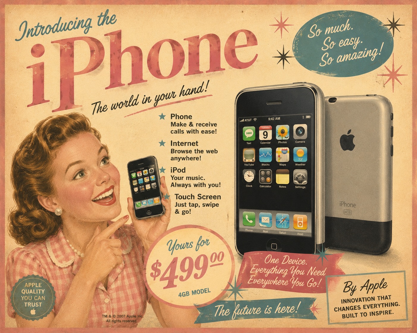 Before smartphones became part of everyday life… imagine if the iPhone launched in the fabulous 1950’s ✨☎️💖
Vintage advertising, pastel colors, retro typography, and that dreamy mid-century optimism inspired this mock ad design. I love mixing modern pop culture with nostalgic aesthetics to create something that feels both familiar and completely new.
The idea of someone in a polka dot dress being amazed by “the internet in your hand” just makes me smile 😂✨
Which modern product should get the retro ad treatment next?
#RetroArt #VintageStyle #MidCenturyModern #PopCultureArt #CBirdCreative