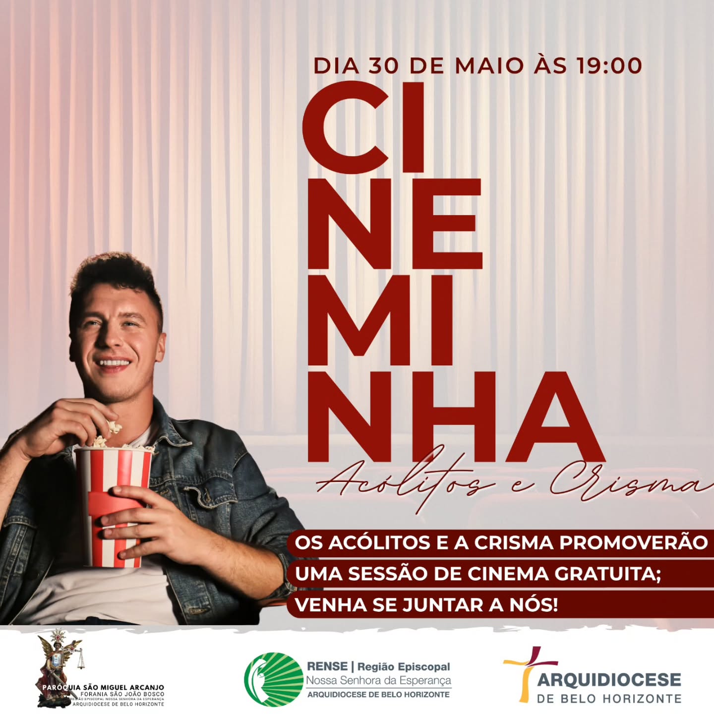 🎬🍿 Prepare a pipoca e venha viver essa noite especial com a gente!
No dia 30 de maio às 19h, os Acólitos e a Crisma promovem uma incrível sessão de cinema gratuita para toda a comunidade! ✨❤️
Chame os amigos, a família e venha compartilhar esse momento de diversão, união e alegria conosco! 🎥🙏
#Cinema #Acólitos #Crisma #ParóquiaSãoMiguelArcanjo #JuventudeCatólica