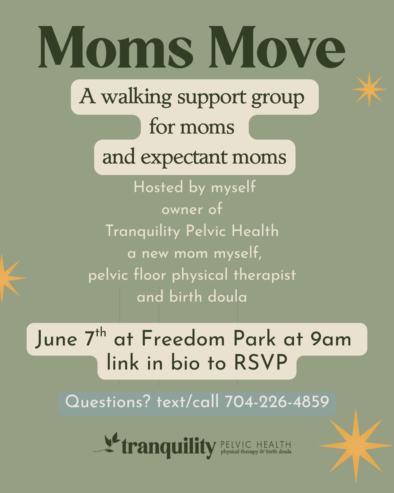 All Moms welcome! Kiddos are welcomed or come solo. This is a great time to get answers about what pelvic floor or doula services are OR just chat with other moms/soon to be moms who get it. Hope to see you there 🌿