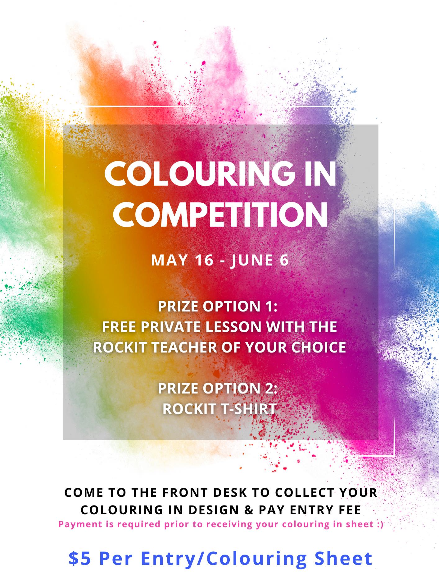 🎨✨ ROCKIT COLOURING IN COMPETITION IS HERE! ✨🎨
Get creative for your chance to WIN:
🤩 A 30-minute private lesson with the Rockit teacher of your choice
OR 👕 A Rockit T-Shirt!
We have HEAPS of colouring sheets to choose from across 6 fun categories:
🎬 Film & TV
👑 Princesses & Dolls
📺 Kids Shows
🧸 Preschool Shows
✨ Animated Characters
🚂 Toys
Competition Details:
💲 $5 per entry/colouring sheet
🏆 1 winner from each age category
🎨 Enter as MANY times as you like - the more entires the more likely to win!
📆Competition runs from Saturday 16 May –Saturday 6 June
Come to the front desk to collect your colouring sheet & start creating!
