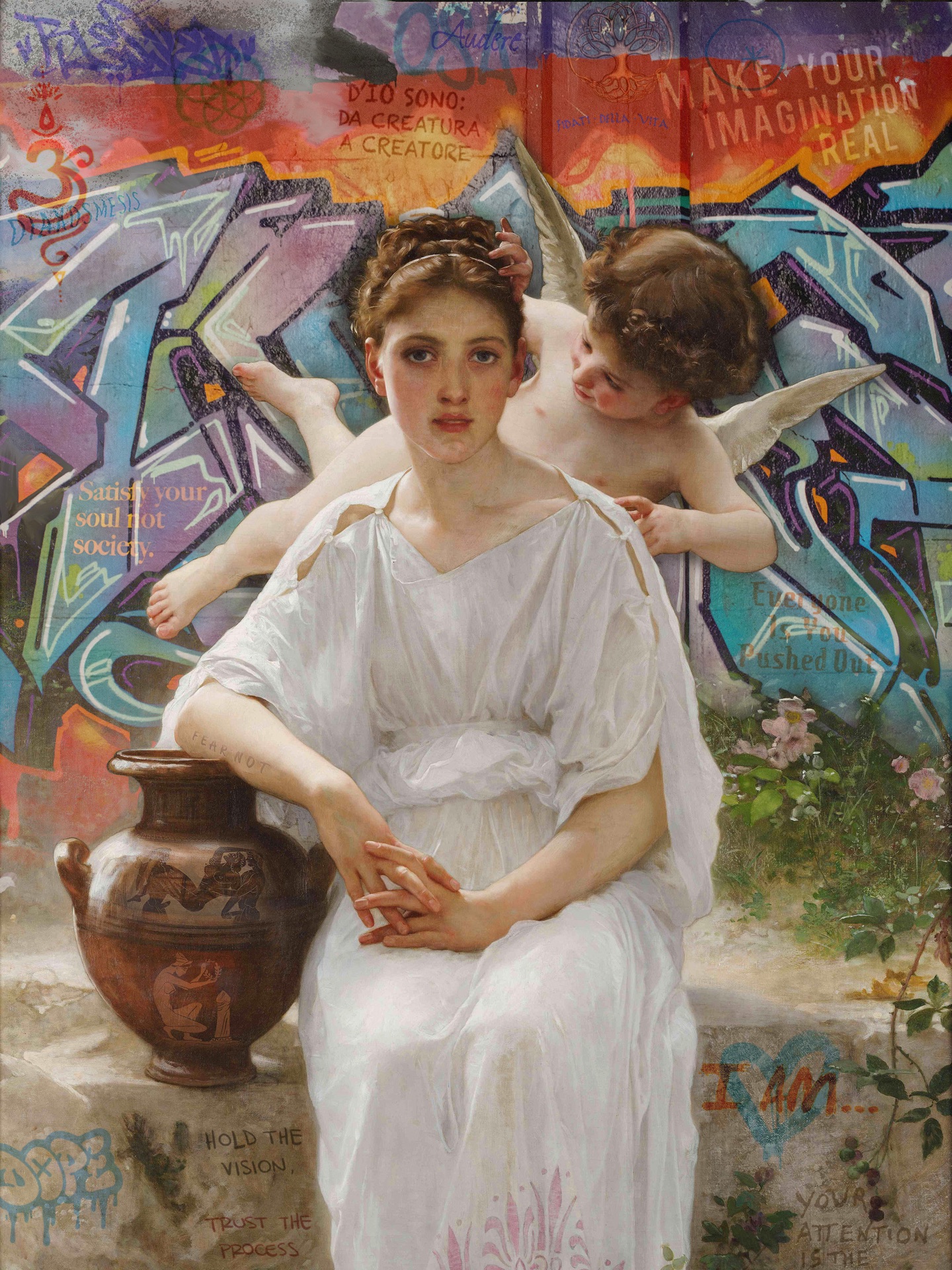 In the Battaglini Mythology, ancient archetypes do not belong to the past; they awaken inside the present.
“Diakosmesis” becomes a sacred bridge between the eternal feminine, divine consciousness, and the chaotic language of contemporary reality. Classical beauty and urban symbols collide, generating a new spiritual aesthetic where mythology, graffiti, philosophy, and inner awakening coexist in the same dimension.
The angel does not descend from heaven.
It whispers from within.
The goddess does not seek approval from society, she remembers who she truly is.
Every symbol in this work becomes a coded message for those ready to reconnect with their deeper essence. A visual mantra suspended between Renaissance harmony and modern consciousness. This is not simply a painting. It is an energetic portal into the Battaglini Universe, where art becomes transformation, identity becomes myth, and imagination reshapes reality.
“Your attention is the currency.”
“Hold the vision. Trust the process.”
Welcome to the new mythology.
Marco Battaglini - Diakosmesis
Contemporary Art | Neo Mythology | Urban Renaissance | Classical Art Reinvented | Spiritual Aesthetics | Graffiti Art | Divine Feminine | Visionary Art | Italian Contemporary Artist | Mythological Universe | Luxury Art | Collectible Art | Inner Awakening | Symbolic Art | Battaglini Universe
#MarcoBattaglini #BattagliniUniverse #newmythology