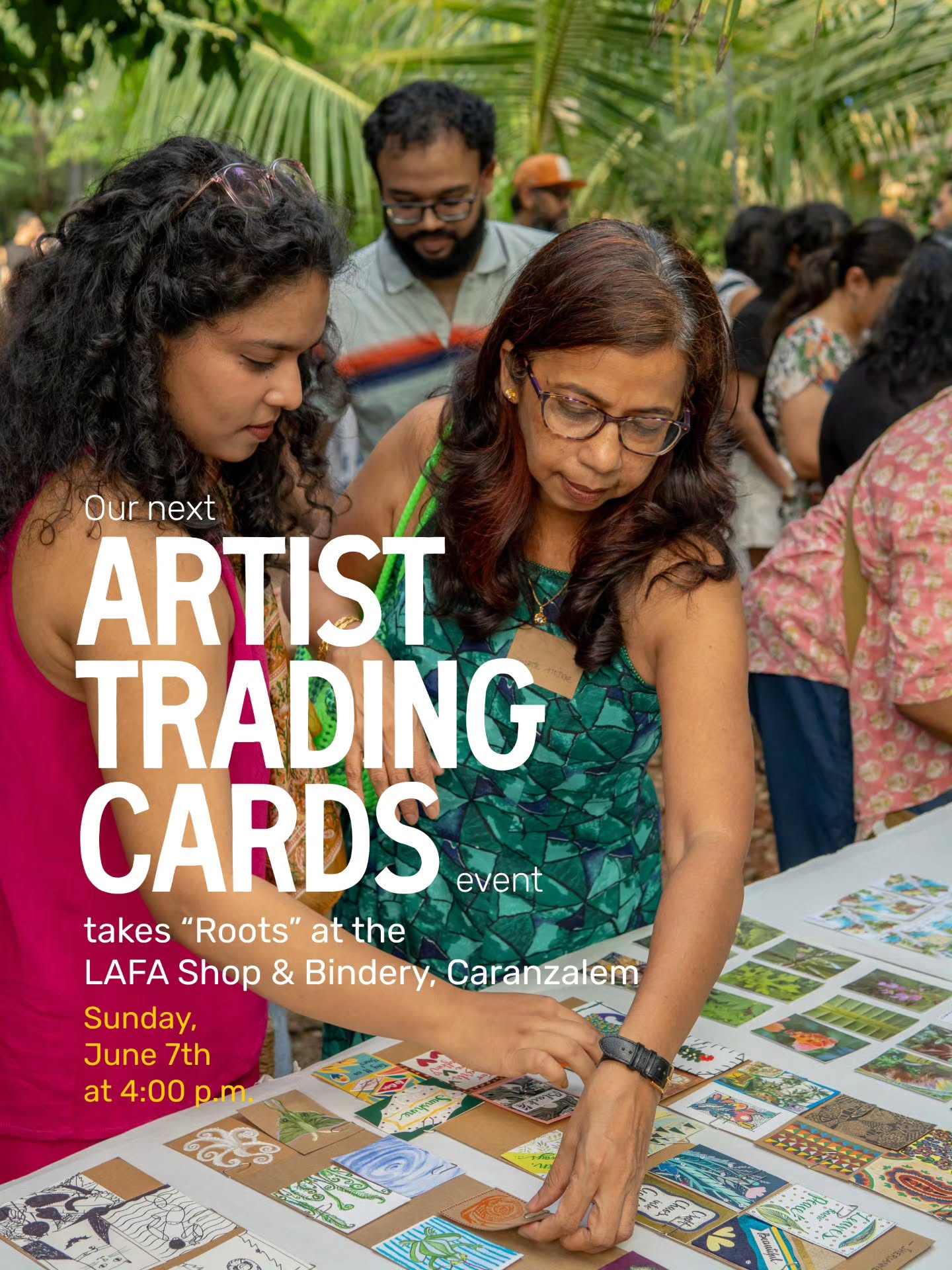 Our monthly Artist Trading Card Events takes "roots" at the LAFA Shop & Bindery and we would love for you to join us!
🗓 Next: June 7th, 2026
🕔 4-6 PM
📍 LAFA Shop & Bindery, Caranzalem
This time the prompt for the event is Roots — inspired by what lies beneath the surface. Think what grounds us, shapes us and connects us.
What is an Artist Trading Card?
Mini artworks (think Pokemon cards) made to be traded — not sold!
Precut materials are available for free pickup at the LAFA Shop & Bindery or you can use your own paper as well.
Rules of the game:
• Size: 2.5 x 3.5 inches
• Any medium welcome
• Signed + dated on the back, with Instagram handle (optional)
• Trade only – no sales
• Don’t trade someone else’s card
• All experience levels welcome
• Bring at least 10 cards for a fun trading night + 1 for the community trading board (optional)! All have to be unique and original pieces.
• Any orientation - portrait or landscape
• Keep it neat and professional
