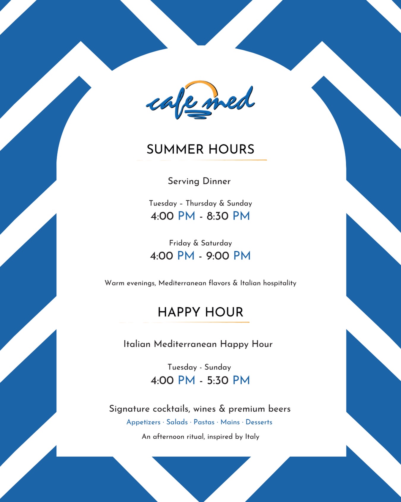 Summer evenings at Cafe Med 🍋
Italian flavors, Mediterranean soul, signature cocktails, and warm hospitality in the heart of West Palm Beach.
Join us throughout the summer season for dinner and Italian Mediterranean Happy Hour.
Dinner
Tuesday–Thursday & Sunday | 4 PM – 8:30 PM
Friday & Saturday | 4 PM – 9 PM
Happy Hour
Tuesday–Sunday | 4 PM – 5:30 PM
Closed Mondays
Warm evenings, Mediterranean flavors & Italian hospitality.
•••
#cafemedwpb #westpalmbeach #italianrestaurant #happyhour #wpb