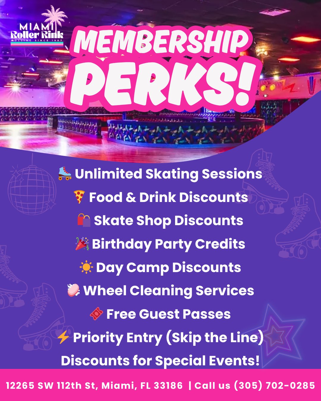 Experience the best of Miami Roller Rink with a membership. 🛼
🚀 Unlimited Skating Sessions
🍔 Food & Drink Discounts
������️ Skate Shop Discounts
🎂 Birthday Party Credits
🏕️ Day Camp Discounts
✨ Wheel Cleaning Services
🎟️ Free Guest Passes
⏭️ Priority Entry
🔥 Discounts for Special Events
Less than the cost of 2 visits, just in time for summer.
#MiamiRollerRink #MembershipPerks #Miamiskating #Thingstodomiami