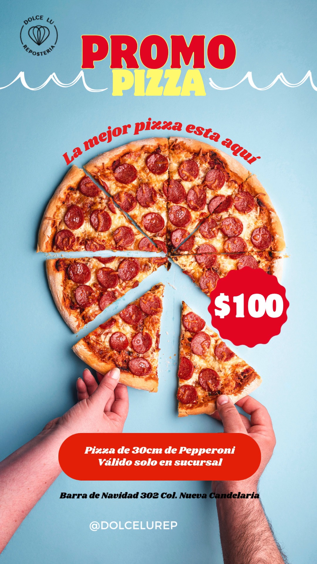 Llévate nuestra deliciosa Pizza de Pepperoni por solo $100 pesitos. Sí, leíste bien: ¡SÓLO $100! 🤤🔥
Queso derretido, pepperoni crujiente y la masa perfecta te están esperando.
📍 Válido exclusivamente en sucursal:
Barra de Navidad 302, Col. Nueva Candelaria.
📲 ¡No te quedes con las ganas! Pídela directo por WhatsApp para pasar a recogerla:
👉 4772762133