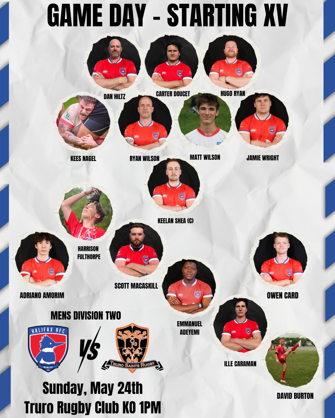 And it begins. The lineup for the first game of the club season includes a mixture of youth and experience, illustrated most clearly in the second row father-and-son starting duo of Ryan and Matthew Wilson.��������
Good luck this weekend, boys.
#onebigclub #rugbynovascotia #rugbycanada