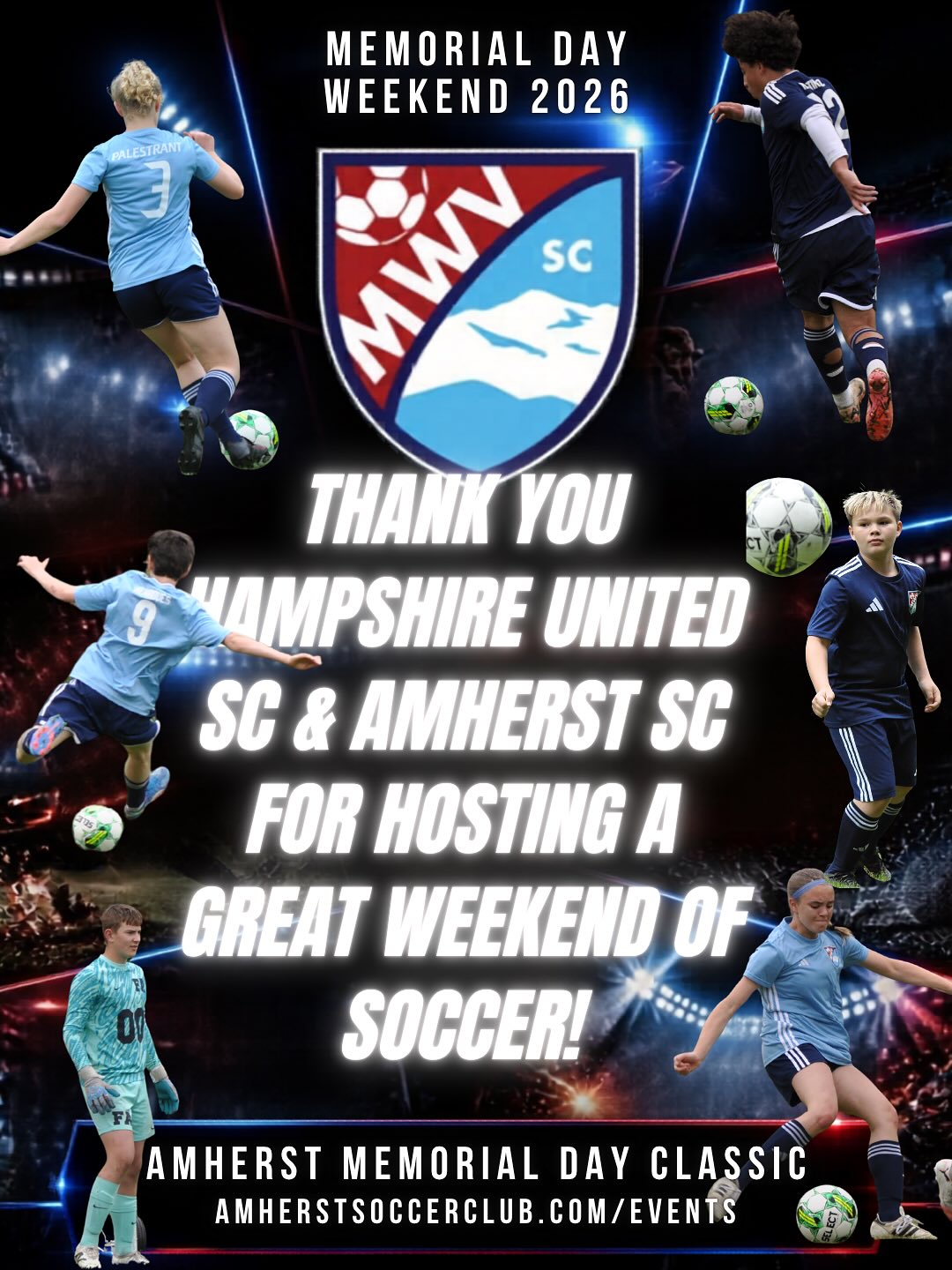 A fantastic (and very wet!) weekend of soccer at the 33rd Annual Memorial Day Classic Tournament in Amherst, NH ⚽️🌧️
Huge thank you to Hampshire United SC and Amherst Soccer Club for hosting such a great event — and a special thanks to all of our amazing parents and families for cheering on the players through the rain!
Special congratulations to our Girls U18 West team on making the finals! 👏
#WeAreMWV #OnThePitch #MWVSC #YouthSoccer #MemorialDayClassic #SoccerFamily