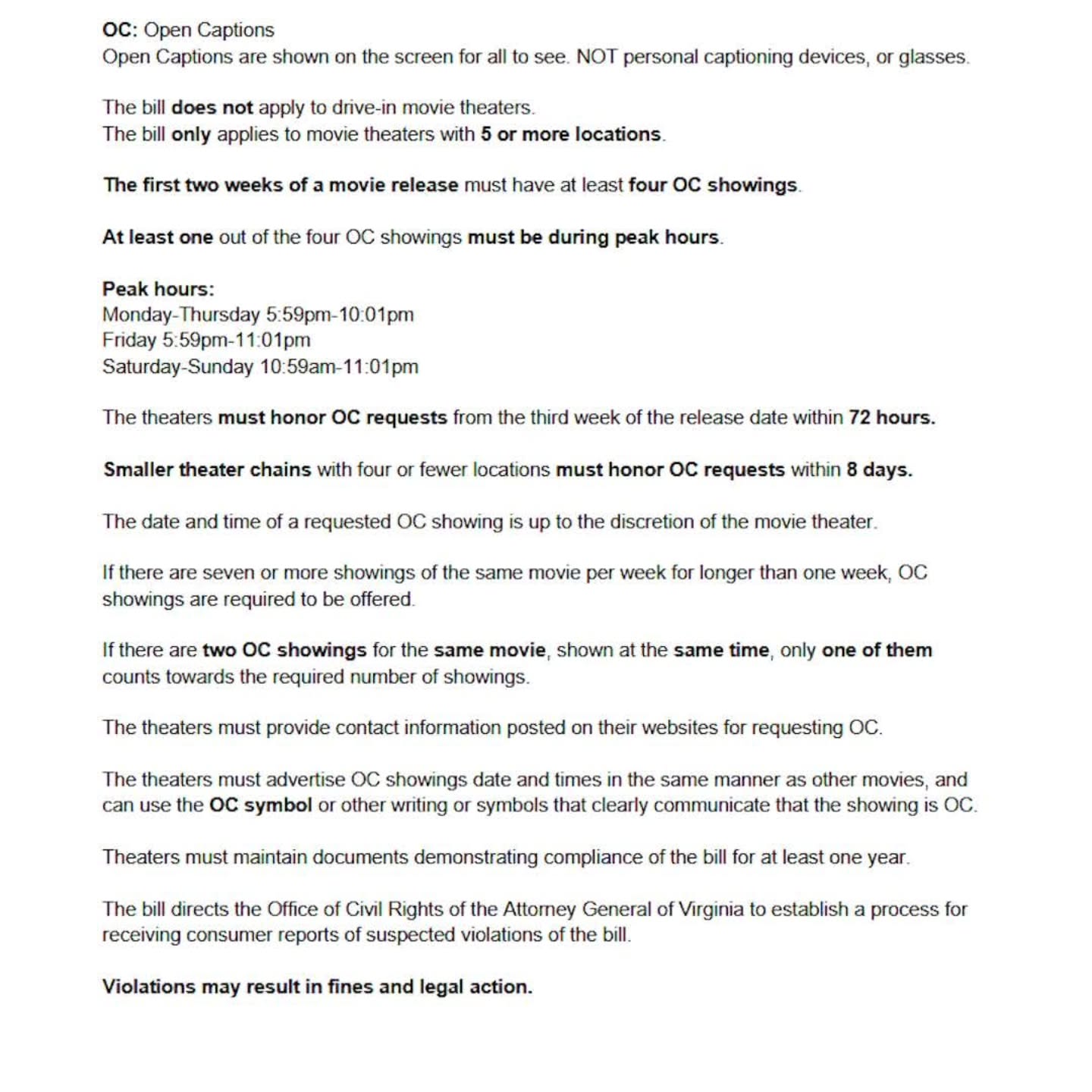 Need help to ensure your Virginia AMC, Regal, Cinemark, or Alamo offers open captions regularly starting July 1? The Open Captions Virginia team created this downloadable (savable) flyer for you to hand to your theater managers.
Save or share this flyer