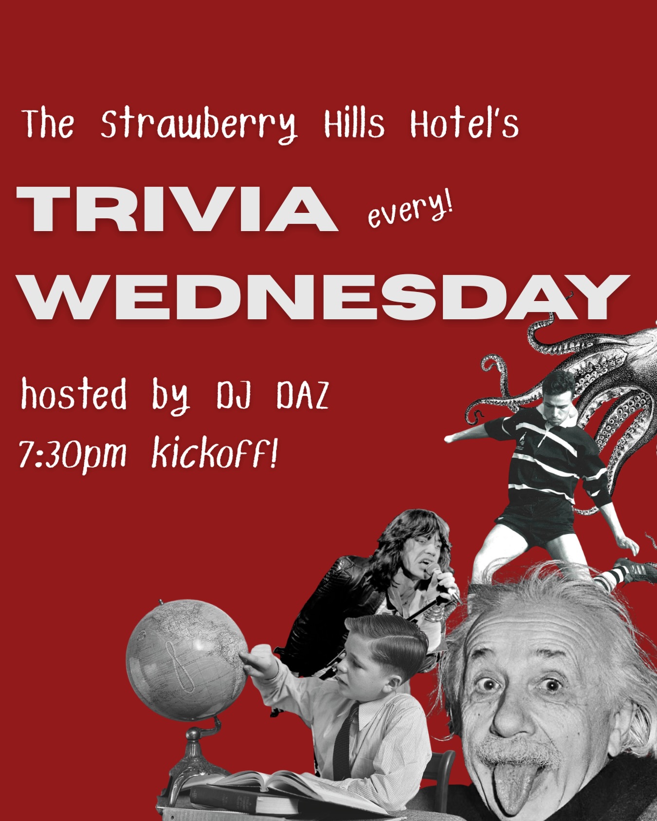 Trivia nights at the Strawberry 🧠🍻
Round up your smartest mates and join us every Wednesday from 7:30pm for a night of trivia, laughs and prizes to be won.
Cold beers, pub classics and a little healthy competition, what more could you want? 🤎
Book your table now and we’ll see you Wednesday.
#triviasydney #sydney #pubtrivia #bestriviainsydney #surryhills