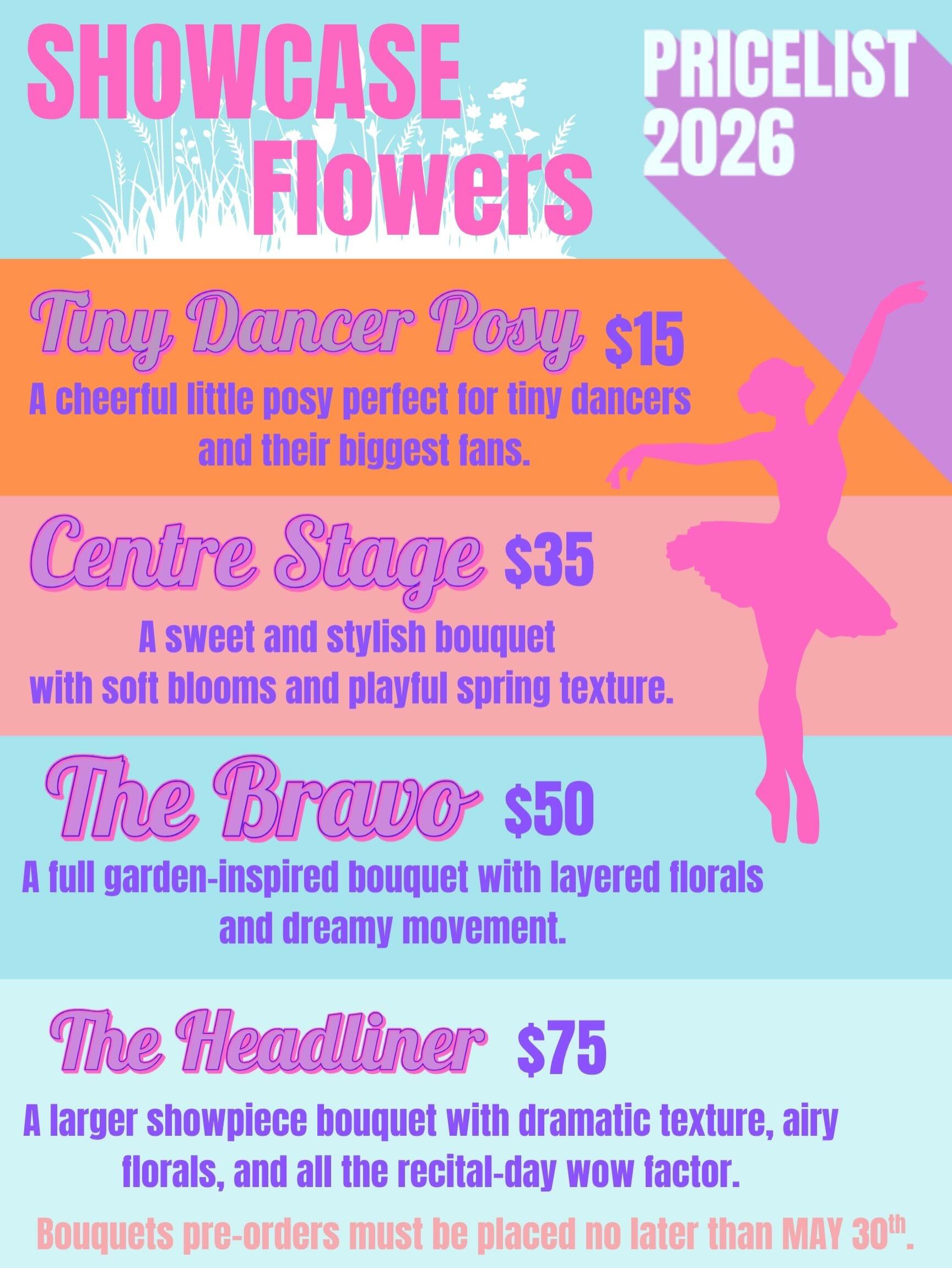 🌸 Recital flower pre-orders are officially open! 🌸
A huge thank you to Snaffle & Mane for creating these beautiful custom showcase bouquets for our dancers this season! 💐✨
From tiny dancer posies to full showpiece bouquets, there’s something perfect for every performer and their biggest fans. A portion of proceeds will also be donated back to Skyline Dance Studio ❤️
Pre-orders must be placed by May 30th!
Visit snafflemane.com or contact Snaffle & Mane for the order form and more information. 🌷🎀