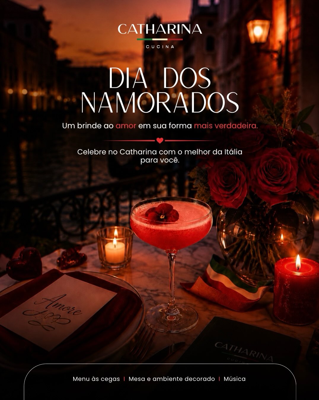 No Catharina, o amor ganha sabor, luz de velas e uma noite para ser lembrada. ❤️🍷
Neste Dia dos Namorados, preparamos uma experiência inspirada na elegância da Itália e na beleza dos momentos vividos sem pressa. Um menu às cegas em 4 tempos, ambiente decorado, música e cada detalhe pensado para transformar a noite de vocês em algo inesquecível. ✨🇮🇹
Porque algumas experiências ficam na memória para sempre… e o amor merece ser celebrado da forma mais verdadeira. 🌹
📍 12 de Junho | 19h
💌 Reservas: (42) 99875-0022
👩🏻❤️👨🏻 Valor por casal: R$ 700,00
#DiaDosNamorados #CatharinaCucina