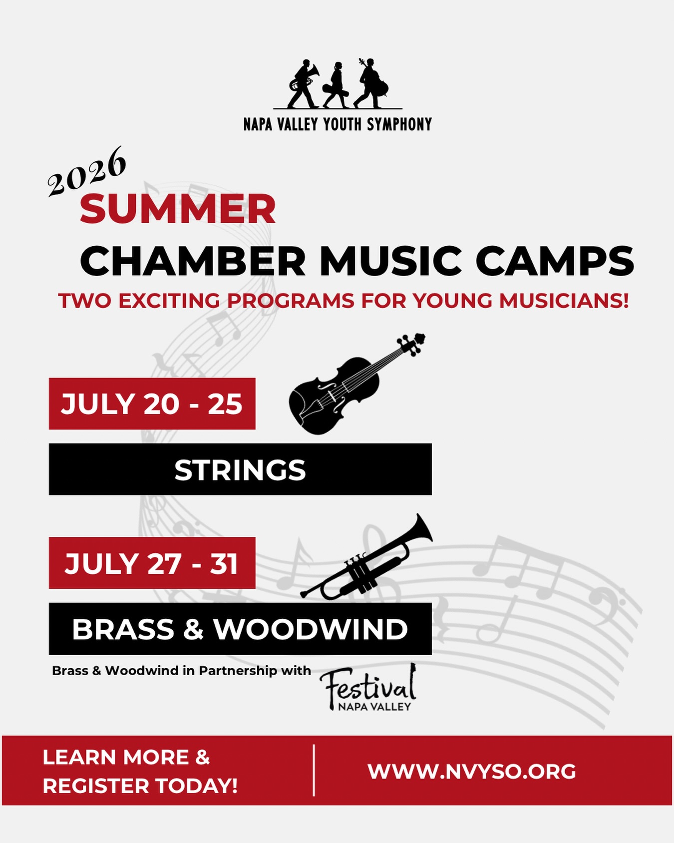 ☀️🎶 Summer music is calling!
Give your young musician the chance to grow, collaborate, and perform this summer with the Napa Valley Youth Symphony’s 2026 Chamber Music Camps!
🎻 Strings Camp: July 20–25
🎺 Brass & Woodwind Camp: July 27–31
Students will build confidence, strengthen musicianship, make new friends, and experience the joy of making music together in a fun and inspiring environment.
Spots are limited — registration is now open!
🔗 Registration links are in our bio.
#NVYS #SummerMusicCamp #StringsCamp #BrassCamp #MusicEducation