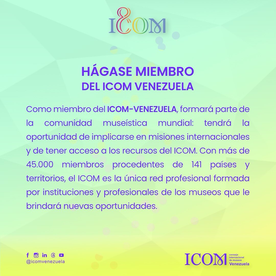 ¡Feliz celebración del Día Internacional de los Museos! 👏🏽 Seguimos celebramos el poder de los museos para unir un mundo dividido y construir una paz duradera. 🕊️🏛️
En este mes el ICOM-Venezuela te invita a ser parte activa del cambio. ¿Eres Museólogo? ¿Eres un trabajador activo en un museo? ¿Quieres formar parte de la red museística más importante del mundo? 🌍
🗓️ Postúlate del 18 de mayo al 31 de agosto de 2026 para ser miembro del ICOM-Venezuela.
Beneficios exclusivos:
✅ Acceso gratuito a museos del mundo con tu tarjeta de miembro
✅ Descuentos en conferencias y eventos internacionales
✅ Publicaciones, estándares profesionales y herramientas clave
✅ Formaciones nacionales e internacionales
Requisitos principales:
📌 Carta de motivos explicando tu interés y vínculo con el área museística
📌 Constancia de trabajo (profesionales) o estudios (estudiantes)
📌 Currículo actualizado + fotografía
📌 Carta de recomendación de un miembro activo del ICOM-Venezuela
⚠️ Importante: Quienes residan fuera de Venezuela deben postularse al ICOM del país donde viven y trabajan.
📧 Envía tus documentos en PDF (separados y ordenados) a: secretariaicomve@gmail.com
Súmate a una comunidad museística mundial. ¡Construyamos juntos un mundo más armónico desde los museos!
#DIM2026 #ICOMVenezuela #MuseosUniendoUnMundoDividido #MuseosPorLaPaz 18DeMayo PatrimonioCultural Museos CulturaDePaz