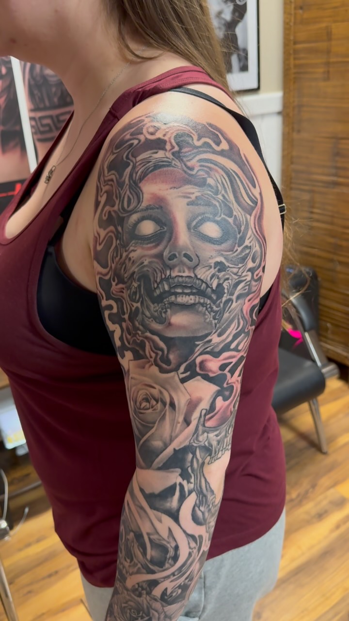 Another session on this arm sleeve in progress. Enjoy π #btkink #awardwinning #instagram #billythekidmeyers #blackandgreytattoo