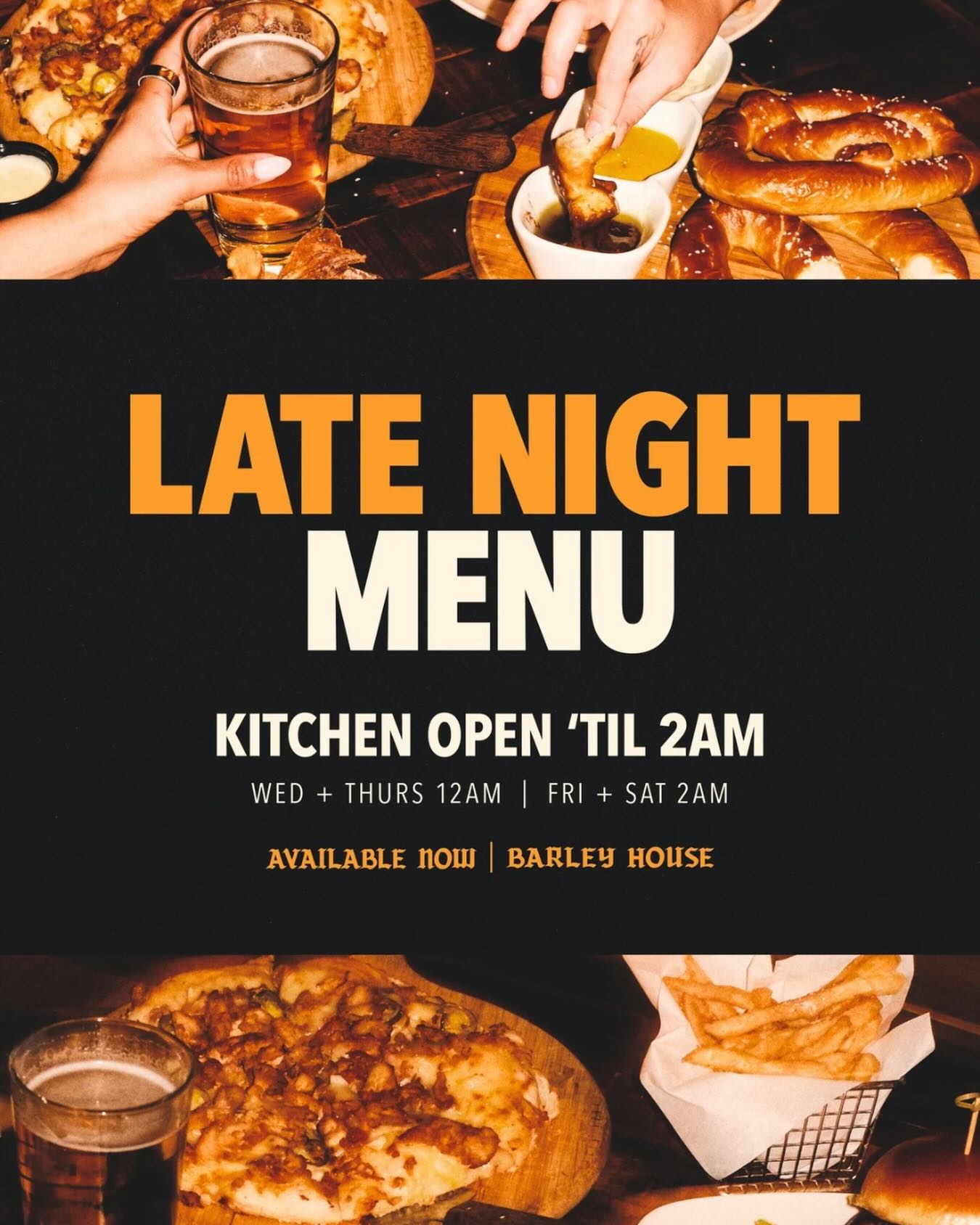 NEW LATE NIGHT MENU HOURS
Hours:
Wed + Thurs - 12am
Fri + Sat - 2am
#barleyhouse #cleveland