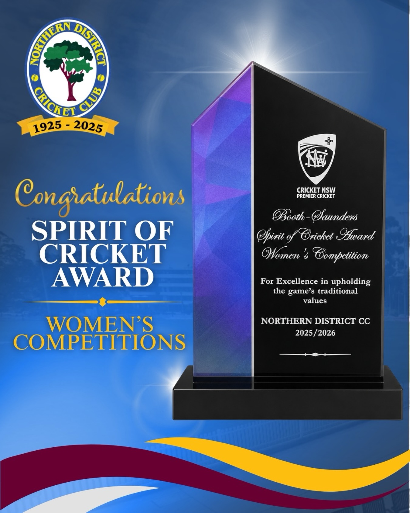 Northern District Cricket Club was proud to receive the prestigious Spirit of Cricket Award for the Women’s Competitions at the Cricket New South Wales Awards.
This award recognises the way our players, coaches and support crew conduct themselves both on and off the field.
It is a credit to everyone involved in the women’s program and reflects the respect, pride and club spirit that continue to shape cricket at NDs.
A wonderful recognition for the Club and everyone involved.
#ndcc #northerndistrictcricketclub #cricketnsw