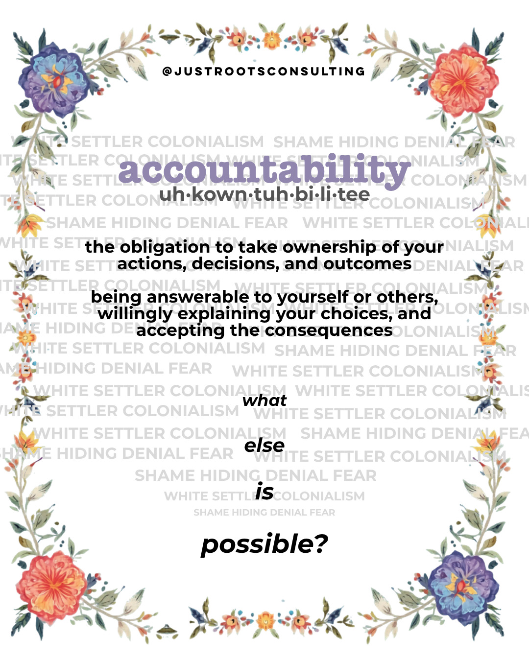 Hey fellow white* (bodied/passing) folks:
What's your earliest lesson about "accountability," and what does it mean to you today?
What feelings and sensations show up when you think of being accountable in your racial justice work, in particular?
Want to know where all that comes from, and how we can move toward something more loving, generative, and worlds-changing?
Join us next Wed June 3 for our next workshop: "Now That We're White: Accountability, Awareness & Daily Practice"
We'll dig for the white settler colonialist roots of modern-day "accountability" and practice using lenses of anti-racism and decolonization to imagine something different. We'll also learn about a powerful magical tool for grounding ourselves in a meaningful and sustainable anti-racist practice for our lifetimes.
This is the second of a 4-part virtual workshop series on accountability, healing and action specifically designed for my fellow white* (bodied / passing) people to:
🌱 Grieve and reconnect with ancestries erased through assimilation
🌱 Explore more connective, generative, and reparative understandings of accountability
🌱 Take meaningful, practical actions to divest from whiteness
🌱 Imagine and participate in building a world beyond white supremacy
Sliding Scale: $0-$30 per session.
To register, use QR code or link in the bio!
#WhiteSupremacyEndsWithUs #dei #healing #accountability #pentaclemagic #whiteness #decolonization #antiracism