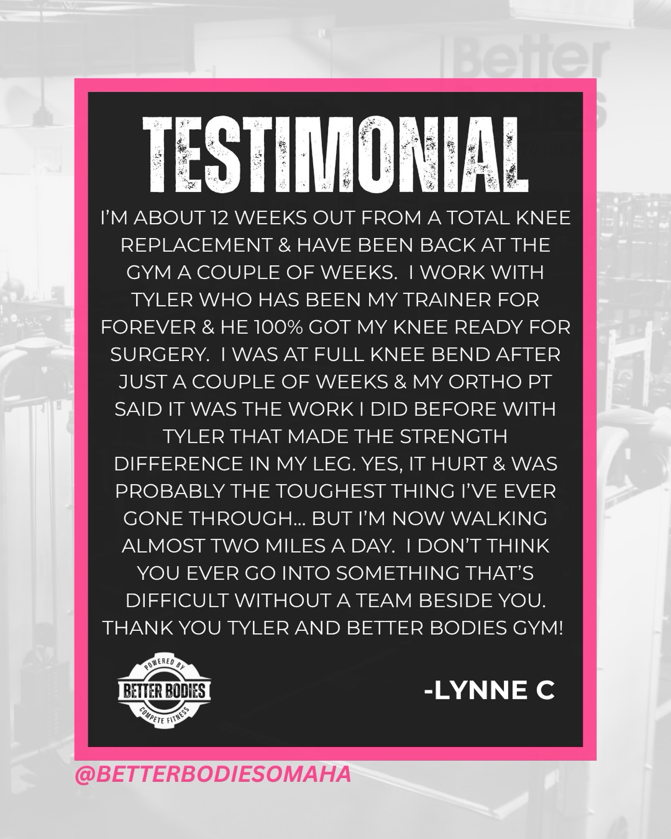 “12 weeks post-op and already walking almost two miles a day.” - Lynne C 👏
Recovery isn’t easy — but having the right people in your corner can make all the difference. Huge shoutout to Tyler for helping build the strength and confidence before surgery, and to Lynne for putting in the work every step of the way. Stories like this are what Gym Time is all about. 💪
Whether your goal is recovery, strength, confidence, or simply feeling better day-to-day, we’re here to help you through it.
Claim your FREE 7-day gym pass through the link in our bio and come see what Better Bodies is all about! 😁
#betterbodiesomaha #omahagyms #omahafitness #membertestimonial #gymtime