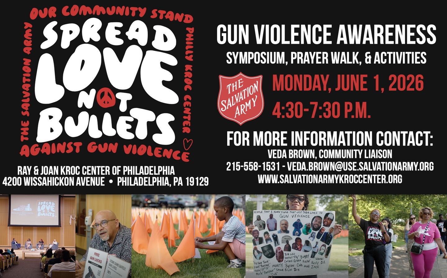 Join us for the 3rd Annual “Spread Love, Not Bullets” Gun Violence Awareness Event — an evening rooted in healing, action, and community. Together, we’re coming together to protect our children, uplift our neighborhoods, and continue the fight against gun violence through resources, conversation, movement, and collective care.
This year’s theme: “Vacation, Not Violence. Out of School, But Not Out of Our Sight.”
📅 Monday, June 1, 2026
📍 Salvation Army Kroc Center
⏰ 4:30 PM – 7:30 PM
From prayer walks and youth activities to wellness experiences and community resources, this is more than an event — it’s a call to show up for our city and our young people. We hope to see you there.