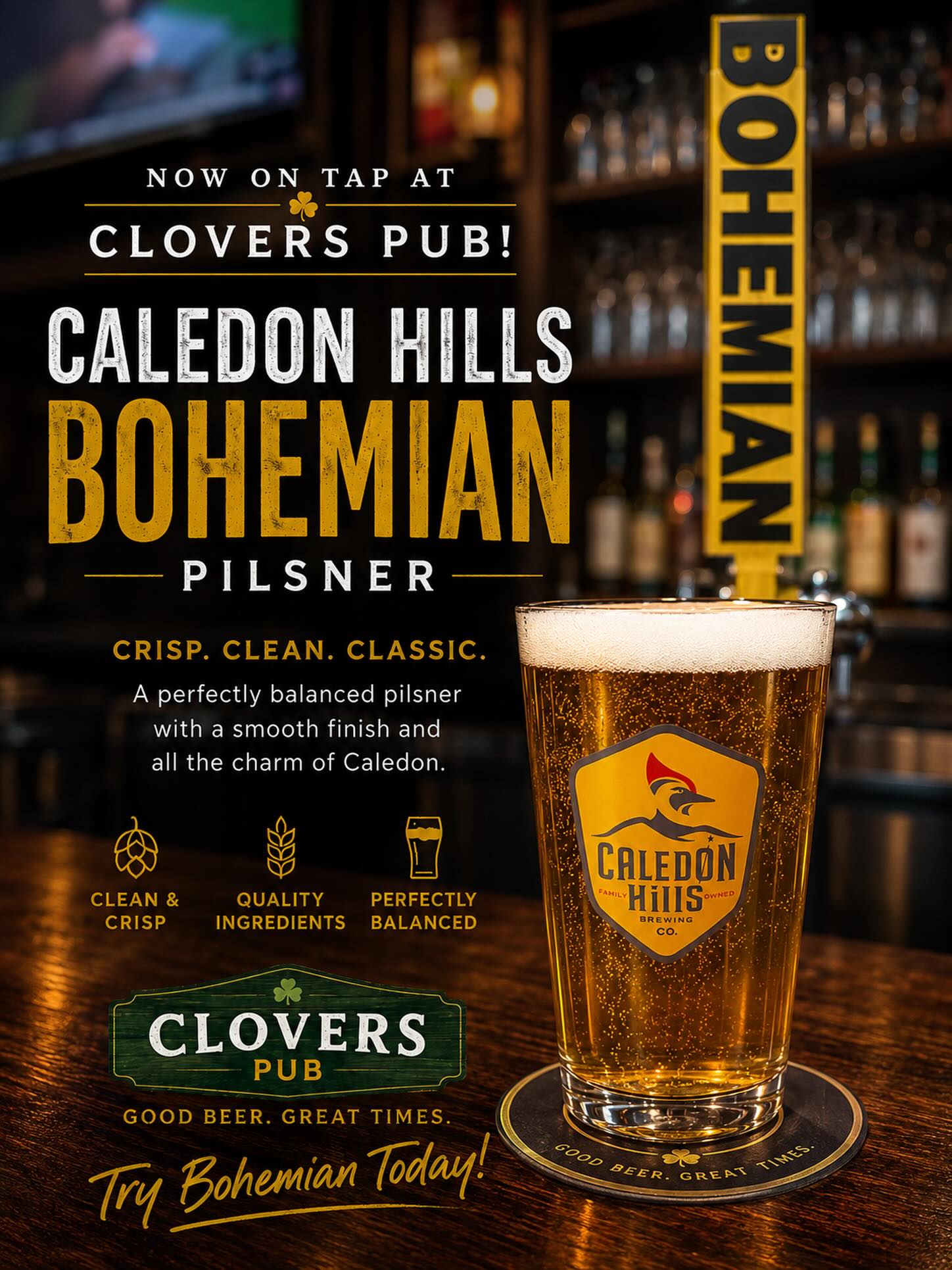Fresh on tap at Clovers Pub 🍺🍀
Introducing Caledon Hills Bohemian Pilsner — crisp, clean, and perfectly balanced. Come grab a pint and try something new today!
#CloversPub #CaledonHills #BohemianPilsner #NowOnTap #OntarioCraftBeer