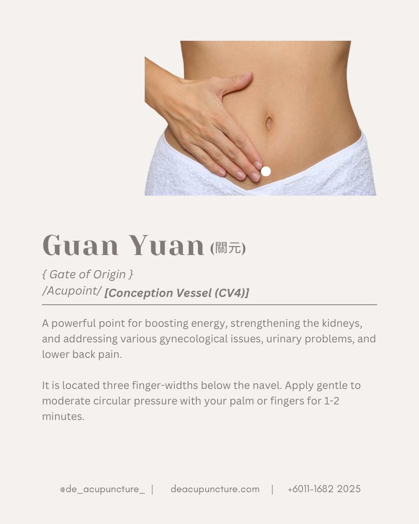 Need a Longevity Boost? Tap Your Guan Yuan (CV 4)! 💪
Guan Yuan (关元), or the “Gate of Origin,” is one of the most vital acupuncture points in TCM, located four finger-widths below the belly button.
This point is known for:
👍🏻Fortifying Original Qi:
It directly strengthens your deepest source of energy, vitality, and longevity.
👍🏻Warming the Core:
It dramatically tonifies Kidney Yang (internal fire) to combat cold-related conditions like cold hands/feet, chronic fatigue, and deficiency.
👍🏻Women’s Health:
It is essential for warming the uterus to treat cold-induced painful periods (dysmenorrhea) and certain types of infertility.
TCM Application:
It is most effectively treated with Moxibustion🌱 (Moxa)—the application of deep, gentle heat—to warm and invigorate the area.
Want to strengthen your core energy and promote vitality? Consult our qualified TCM practitioners at 医心医意中医坊 De Acupuncture x Herbs Centre to see how Guan Yuan can help you!
#GuanYuan #CV4 #Acupuncture #Moxibustion #TCM Longevity Vitality SubangJaya