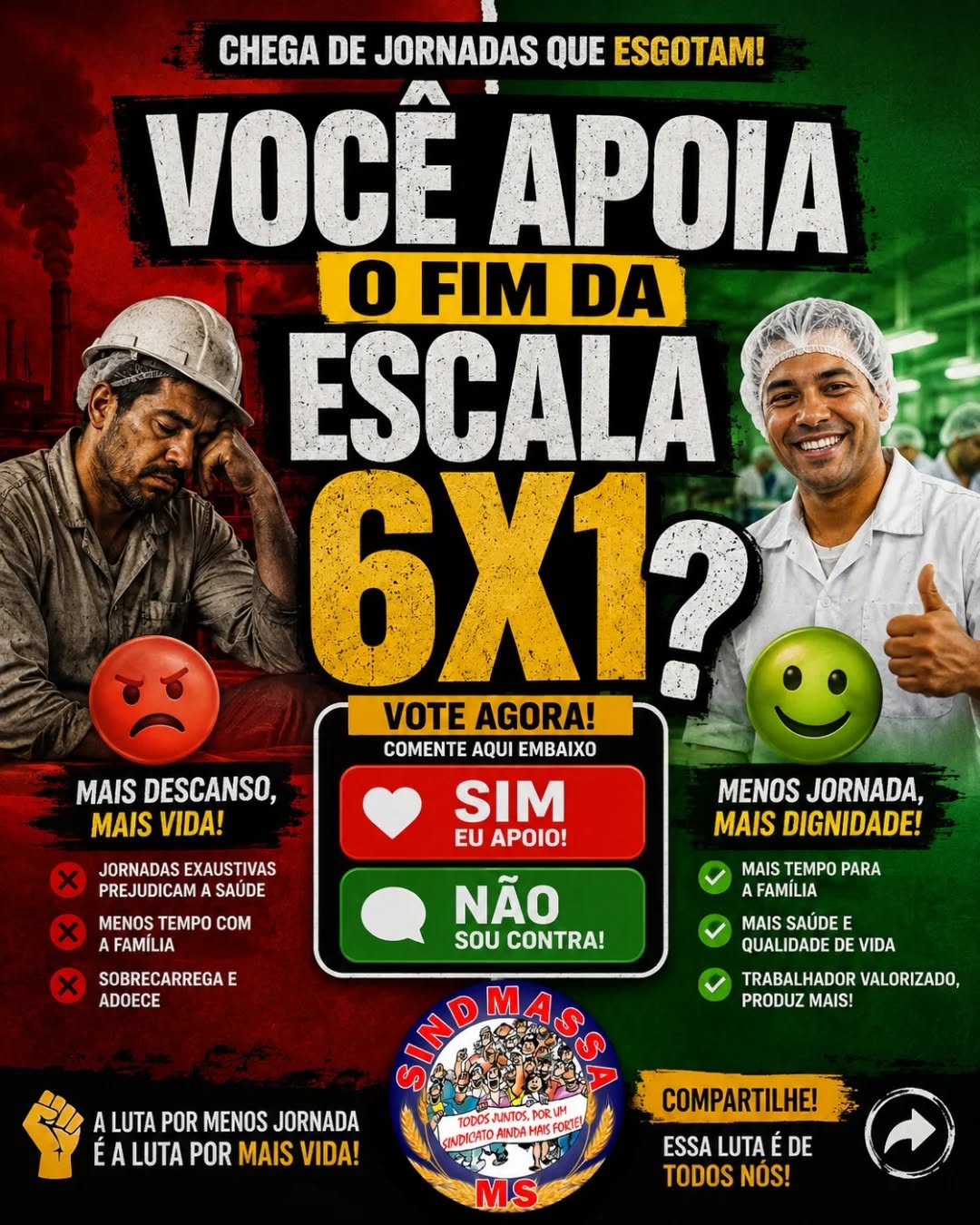 📢 QUEREMOS OUVIR VOCÊ: VOCÊ APOIA O FIM DA ESCALA 6x1?
Trabalhar em indústrias e frigoríficos exige força, dedicação e muito suor. Mas para produzir bem, o trabalhador precisa, acima de tudo, de descanso, saúde e tempo com quem ama. A jornada exaustiva adoece e afasta a gente da família.
Reduzir a jornada não quebra o país, valoriza quem faz o Brasil crescer de verdade! 🇧🇷✨
🗳️ VOTE AGORA NOS COMENTÁRIOS:
❤️ comente SIM se você apoia o fim da escala 6x1 por mais descanso e dignidade!
💬 comente NÃO se você é contra.
Participe e compartilhe! Essa luta é de todos nós. Juntos somos mais fortes! 💪🌾
#SindMassaMS #FimDaEscala6x1 #MaisVidaMenosJornada #DignidadeAoTrabalhador #TrabalhadorAlimentacao
